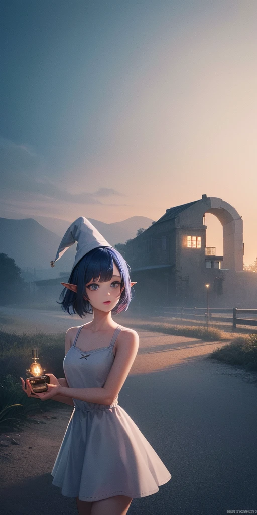 1girl, blue hair, blue eyes, elf ears, wizard hat, white dress, cowboy shot, outdoors, landscape, quality, masterprice, (solo:1.1), raytracing, ultra detailed,detailed face, 8k wallpaper, quality, masterprice, 1girl, (solo:1.1), raytracing, ultra detailed,detailed face, 8k wallpaper,
