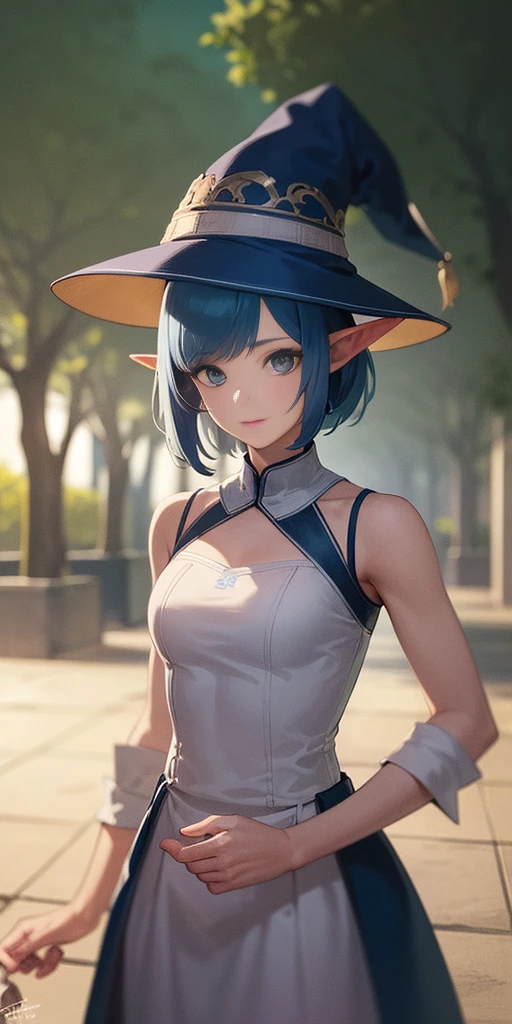 1girl, blue hair, blue eyes, elf ears, wizard hat, white dress, cowboy shot, outdoors, landscape, quality, masterprice, (solo:1.1), raytracing, ultra detailed,detailed face, 8k wallpaper, quality, masterprice, 1girl, (solo:1.1), raytracing, ultra detailed,detailed face, 8k wallpaper,