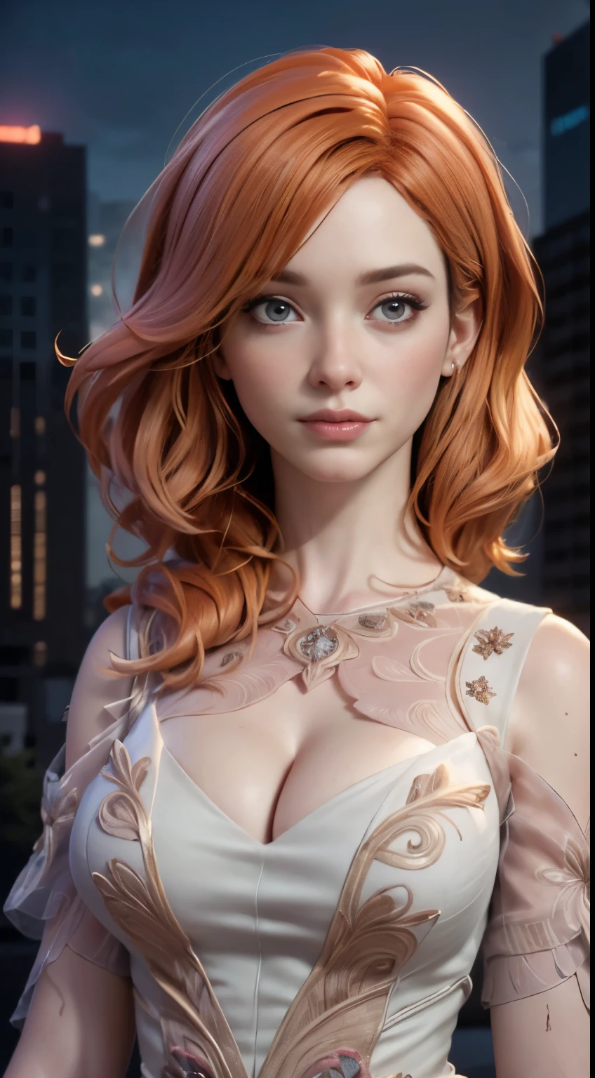 photo of christina hendricks, RAW, beautiful woman, ((portrait)), ((detailed face:1.2)), ((detailed facial feature, detailed skin, clear skin), (perfect proportioned body), (wearing a colorful dress) (high detailed city environment, apartment balcony), (realistic photo, best quality, detailed), (8k wallpaper), (cinematic lighting, dramatic lighting) (sharp focus, intricate)