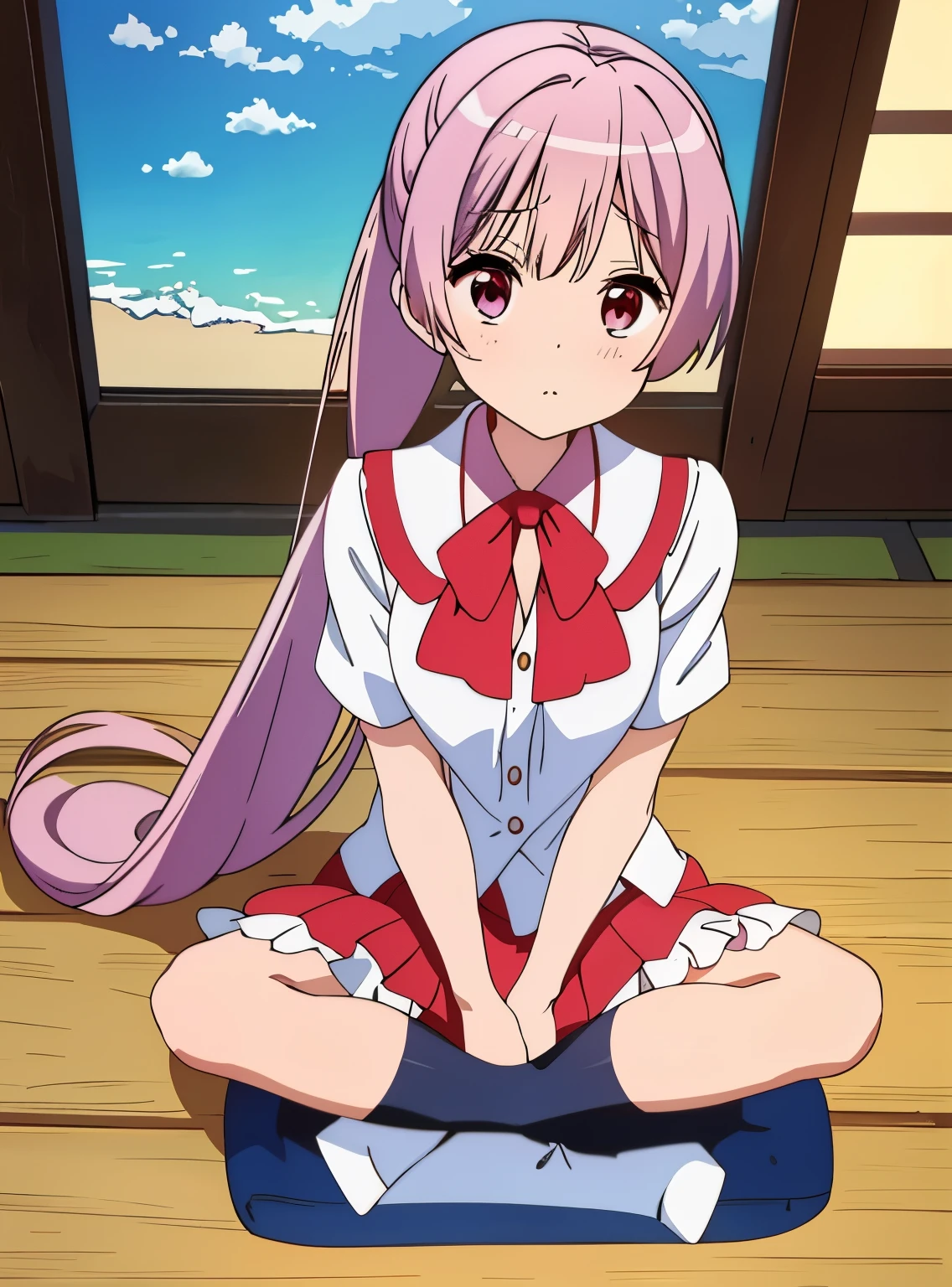 (tmasterpiece, Best quality at best), (absurd res:1.2), (anime illustration:1.2), (ultra - detailed, 8K, Ultra-high sharpness:1.2), 1个Giant Breast Girl, young, Slim, long whitr hair, Sitting on the wooden floor, indian style sitting pose, cinematic compositions, Be red in the face, Embarrassing, 校服, a skirt, Shoot from above, upturned eyes, looking at viewert、show cleavage、Clothed only in bikini、perfect low ponytail、Very long low ponytail、