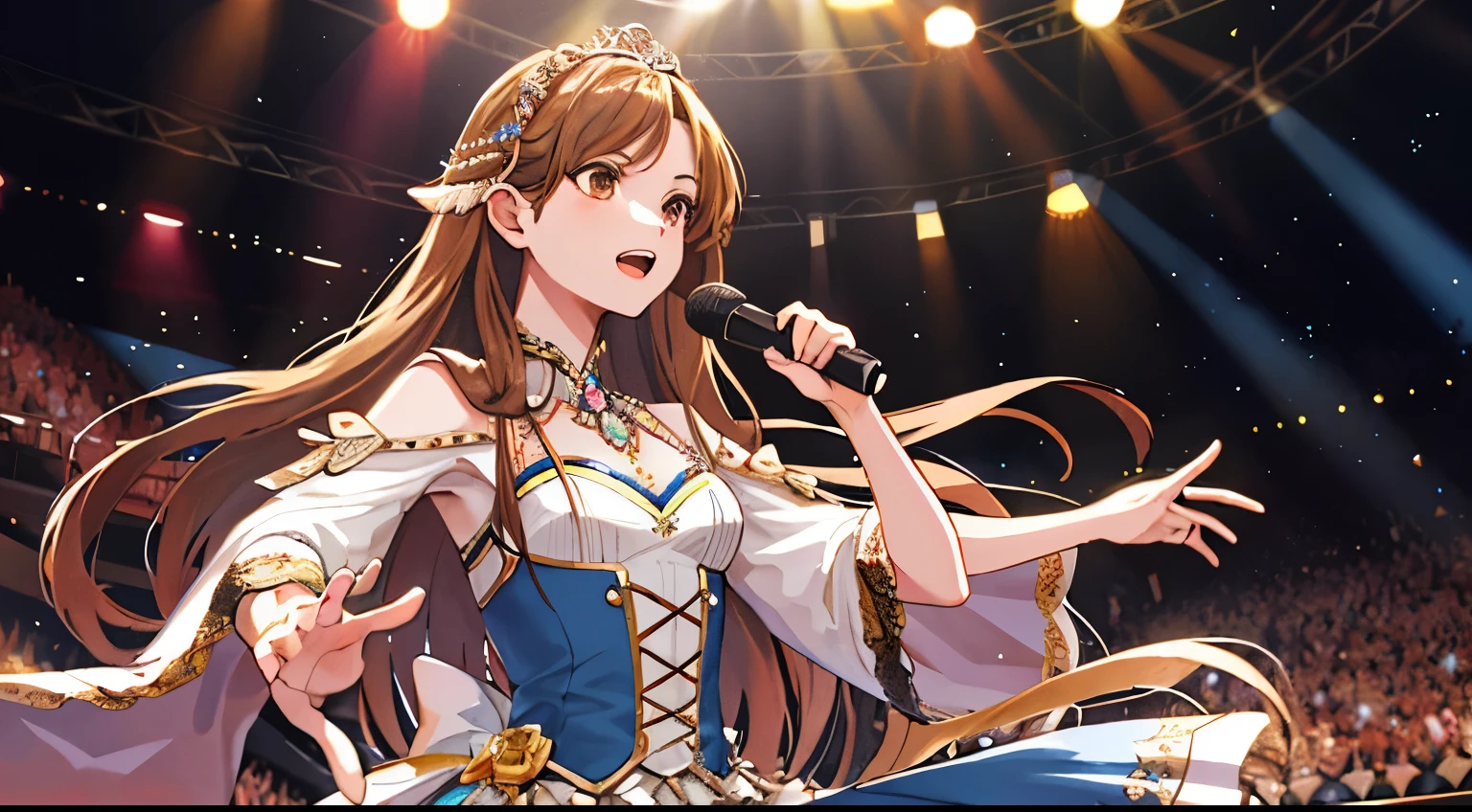 Best Quality,queen,hight resolution,Solo,brown,long hair,a beauty girl,Singing on stage,diadems,covered,