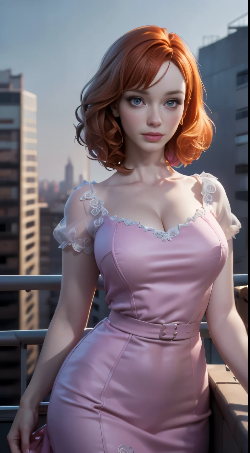 photo of christina hendricks, RAW, beautiful woman, ((portrait)), ((detailed face:1.2)), ((detailed facial feature, detailed skin, clear skin), (perfect proportioned body), (wearing a colorful dress) (high detailed city environment, apartment balcony), (realistic photo, best quality, detailed), (8k wallpaper), (cinematic lighting, dramatic lighting) (sharp focus, intricate)