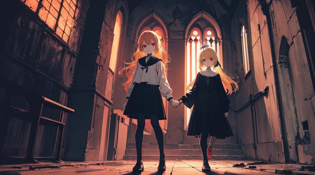 (2 girls, sister, blonde hair, red eyes, kawaii, hold hands), (abandoned church, late night), (low contrast, flat color, limited palette)