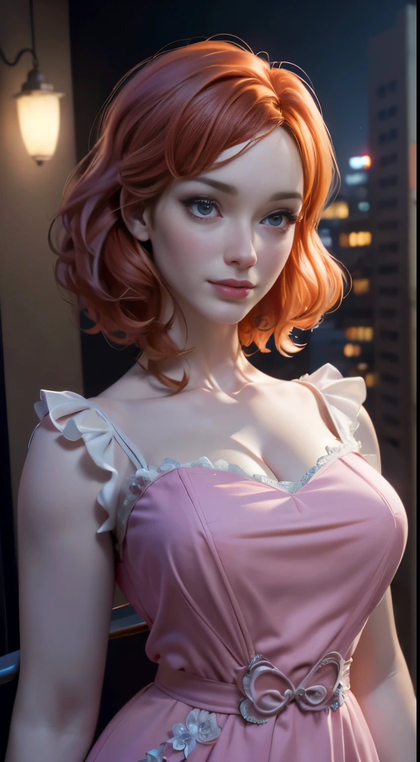 photo of christina hendricks, RAW, beautiful woman, ((portrait)), ((detailed face:1.2)), ((detailed facial feature, detailed skin, clear skin), (perfect proportioned body), (wearing a colorful dress) (high detailed city environment, apartment balcony), (realistic photo, best quality, detailed), (8k wallpaper), (cinematic lighting, dramatic lighting) (sharp focus, intricate)