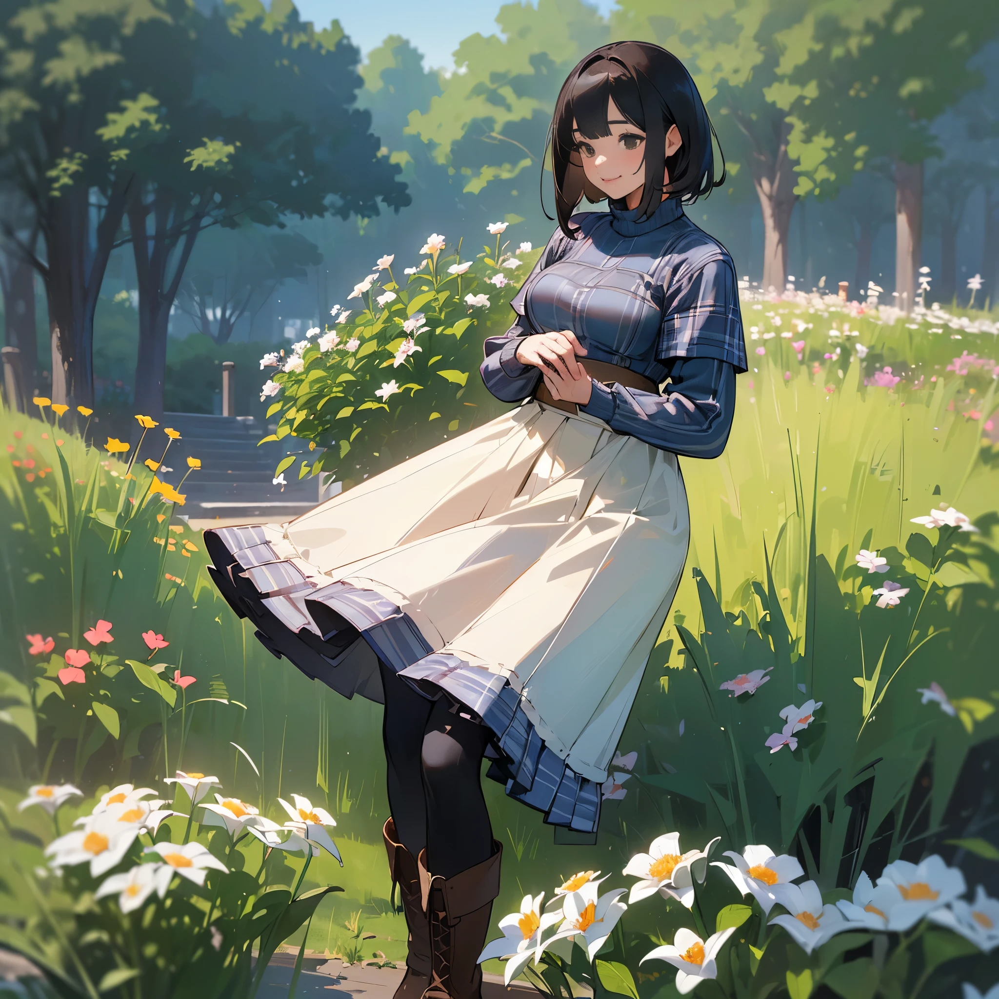 (High quality, High resolution, Ultra-detailed, Realistic:1.37), peaceful ambiance, (plein air, garden), Teenage girl standing alone, (My breasts are big.), Beautiful detailed features, Cute smile, (Black bob hair), Ribbed sweater, blue plaid skirt, Black tights, Brown boots.