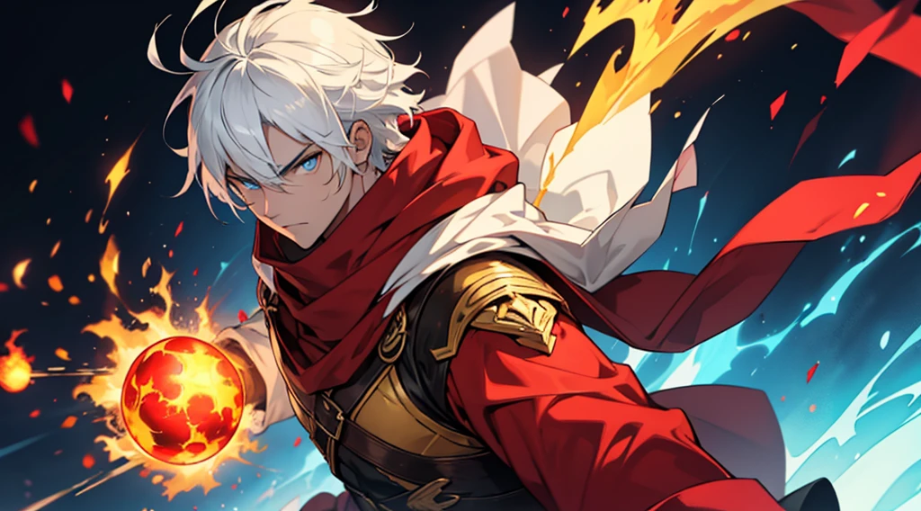 Man in arcane costume with white hair and blue eyes and a red scarf very serious throwing fireballs on a yellow background