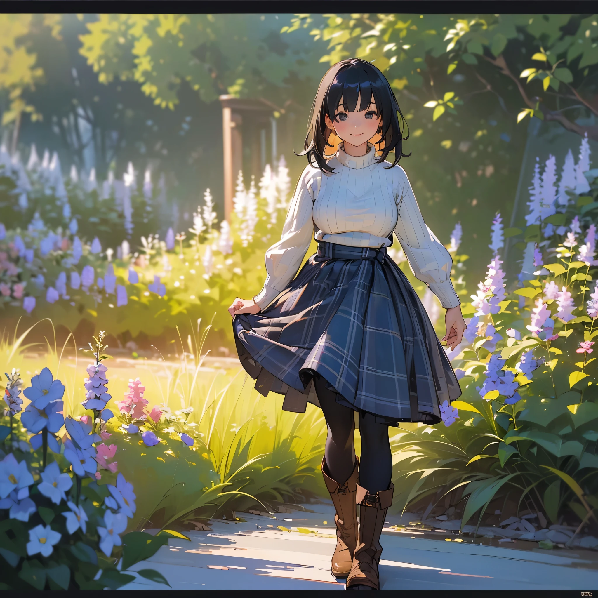 (High quality, High resolution, Ultra-detailed, Realistic:1.37), peaceful ambiance, (plein air, garden),  girl standing alone, (My breasts are big.), Beautiful detailed features, Cute smile, (Black bob hair), Ribbed sweater, blue plaid skirt, Black tights, Brown boots.