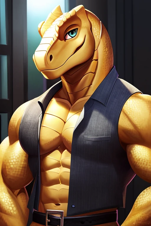 Prompt: ((chest uncovered)), dinosaur, ((black unbuttoned vest, grey pants, black belt)), (soft scales), (detailed skin), (light yellow dinosaur), ((NSFW)), ((tail)),  ((facing next to viewer)), (mediocre lighting), ((detailed background)), ((face portrait view)), (((face view))), (half body shadow), [crepuscular ray], [gray natural lighting], [explicit content], [blurred focus], (questionable content), (shaded), medium scales pectoral muscles, Art, furry Art, Commission for High Res, anthro Art, faded colors, detailed face, perfect shadows, perfect eyes, male focus, dinosaur eyes, flawless face, big muscles, defined muscles, face focus, ((long thick tail)) dinosaur, dinosaur boy, scales, dinosaur nose, large long muzzle, gaze at the viewer, half-closed eyes, 1boy, solo, short hair, detailed scales, balanced coloring, scales, anthro, looking at viewer, seductive look, SFW, ((jim henson creature shop))