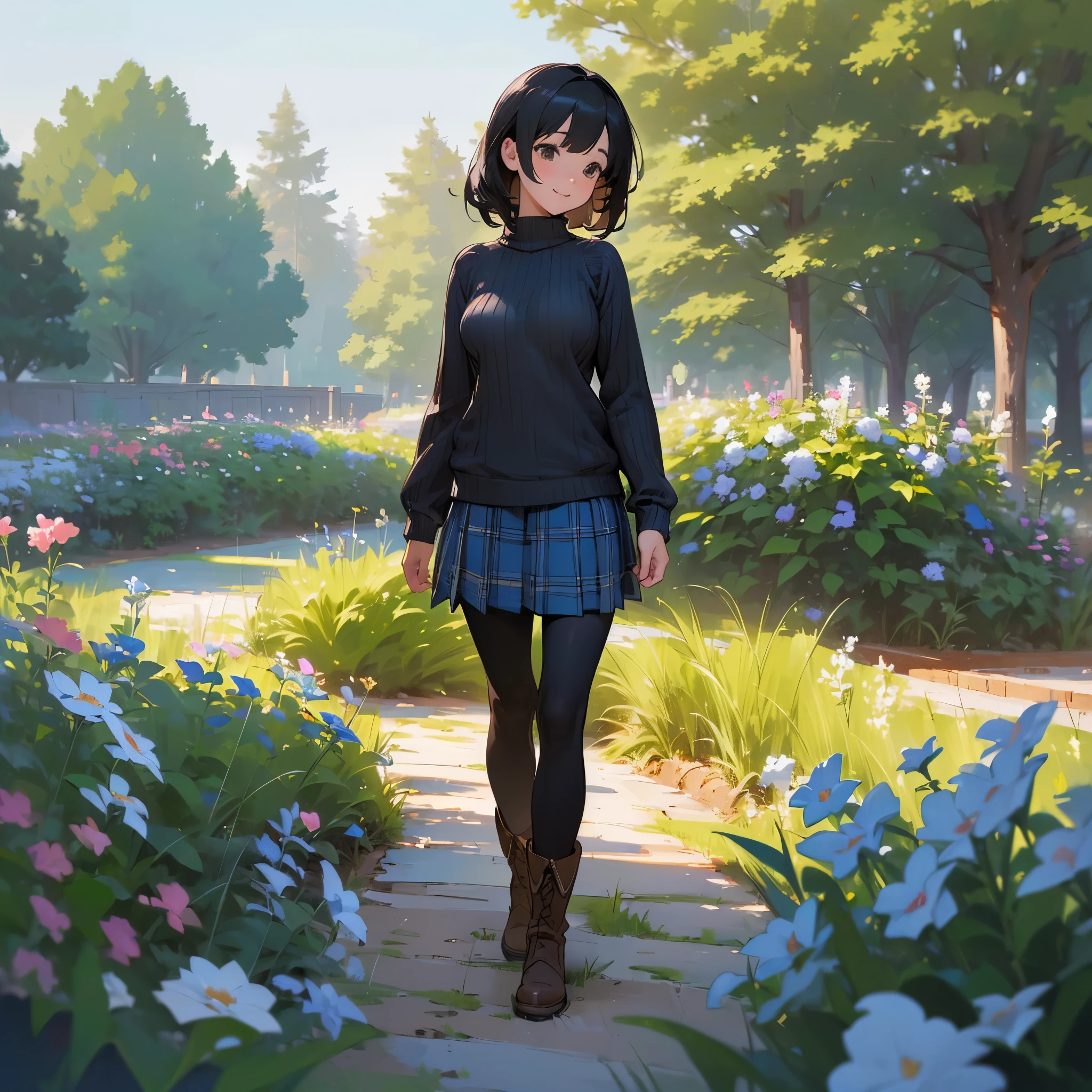(High quality, High resolution, Ultra-detailed, Realistic:1.37), peaceful ambiance, (plein air, garden), Teenage girl standing alone, (My breasts are big.), Beautiful detailed features, Cute smile, (Black bob hair), Ribbed sweater, blue plaid skirt, Black tights, Brown boots.
