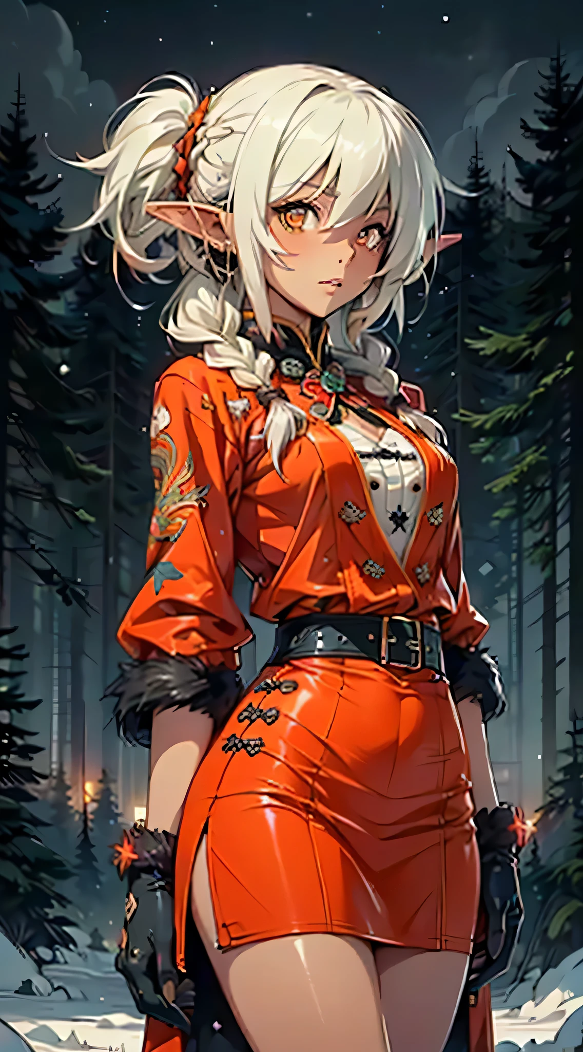 Nisei Muramasa, cute elf loli,girl, 1girl,(((little loli,tiny little body,small))),(((6 years old))),((anime elf loli with extremely cute and beautiful braided hair)),(((elf, elf earlat chest))),((((white hair:1.35,twintails braids hair,colored inner hair,ear breathing)))),(((orange_eyes:1.3))),intricate eyes,beautiful detailed eyes,symmetrical eyes,big eyes:1.5,(((lustrous skin:1.5,bright skin: 1.5,skin tanned,shiny skin,very shiny skin,shiny body,plastic glitter skin,exaggerated shiny skin,illuminated skin))),(,detailed body,detailed arms,(detailed face)), cute,slutty,erotic,daring,nsfw, zettai ryouiki,revealing clothing,show skin,(((Sexy red fur coat, red fur coat outfit, wearing a red fur coat:1.3,red winter coat))), ((red mini-skirt,red mini skirt with furry edge,visible thong straps)),(white gloves,red clothes,semi-naked,with little red clothing,((((furry edge clothing)))),(((intricate outfit,intricate clothes,embroidered outfit,ornate outfit,embroidered clothes,ornate clothes))), (dynamic pose:1.0),embarrassed,(centered,scale to fit dimensions,Rule of thirds), ((snowy pine forest at night)), with dark stormy clouds,winter,scenery:1.25,((snow forest background)),Christmas tree, highres,sharp focus,(ultra detailed,extremely detailed),(photorealistic artwork:1.37),(extremely detailed CG unity 8k wallpaper),(((vibrant colors,vibrant theme))),(intricate),(masterpiece),(best quality),