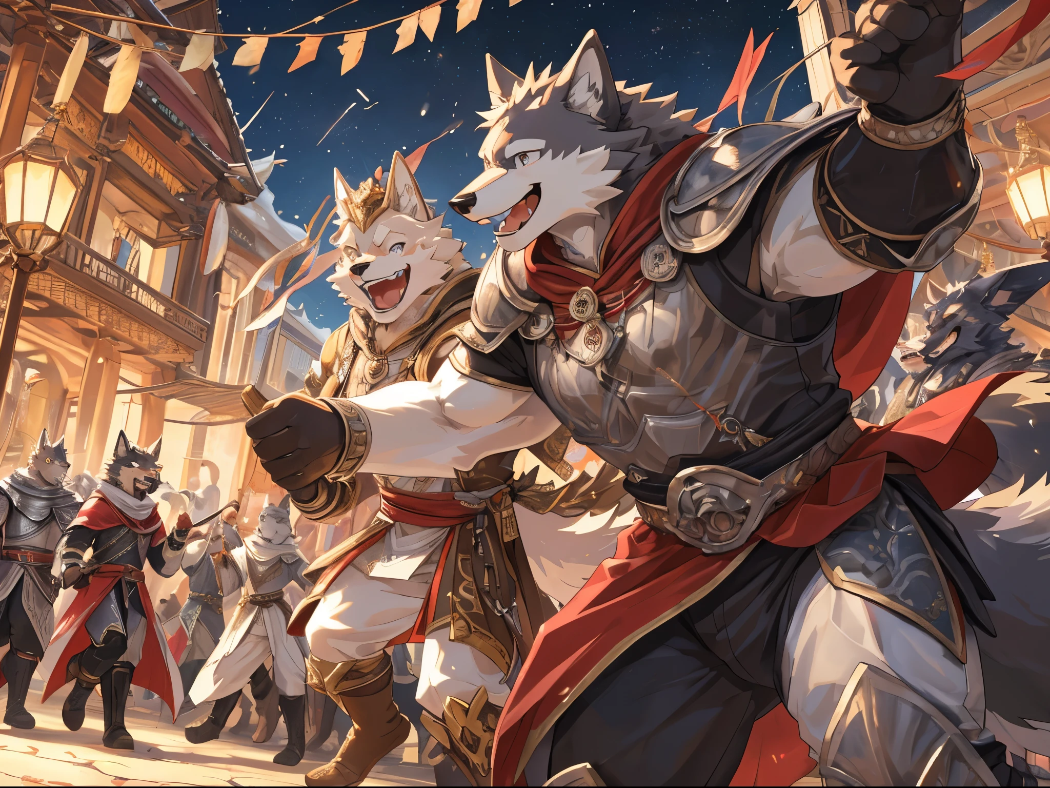 Anthro((dramatic))epic, dynamic pose, One scene of movie, An extreme perspective with a powerful composition, absurdres, Perfect Anatomy, magnificent picture of kemono fighting fierce battles, (ultra detailed), sharp focus, niji, eyesgod, black eye, furry, light-white fur, brown fur, white beard, anthro (wolf), male, middle-aged, gray body, white belly, tail, muscular, knight costume, long red cherry cloak, ultra detailed face, depth of field, motion blur, (best quality), (masterpiece), high details, high quality, award winning, highres, HD, 16k, laughing face, close-up of joyful expressions, a group of friends, genuine laughter, delightful camaraderie, joyful atmosphere, radiant smiles, contagious happiness, heartwarming laughter, friends sharing a joke, carefree moments, genuine laughter, cheerful companionship, close bond, unforgettable memories, joyous laughter, pure happiness, authentic emotions, shared laughter, positive vibes, genuine connection, happy moments, life's simple pleasures, warmth and laughter, genuine friendship, precious moments, happy gathering, vibrant energy, carefree joy, laughter echoing in the air, everlasting smiles, (best quality,4k,8k,highres,masterpiece:1.2),ultra-detailed,realistic:1.37,HDR,UHD,studio lighting,extreme detail description,professional,vivid colors,bokeh,lively atmosphere, natural lighting