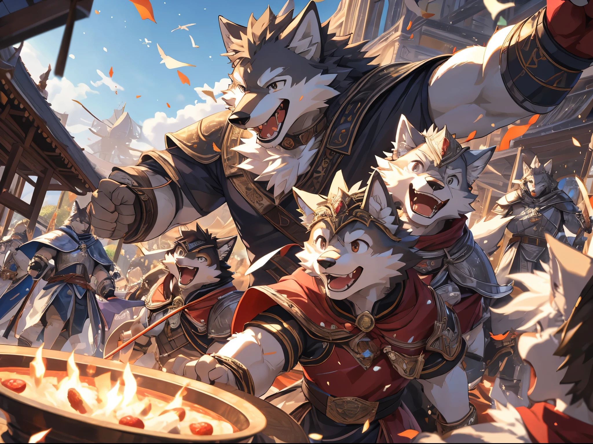 Anthro((dramatic))epic, dynamic pose, One scene of movie, An extreme perspective with a powerful composition, absurdres, Perfect Anatomy, magnificent picture of kemono fighting fierce battles, (ultra detailed), sharp focus, niji, eyesgod, black eye, furry, light-white fur, brown fur, white beard, anthro (wolf), male, middle-aged, gray body, white belly, tail, muscular, knight costume, long red cherry cloak, ultra detailed face, depth of field, motion blur, (best quality), (masterpiece), high details, high quality, award winning, highres, HD, 16k, laughing face, close-up of joyful expressions, a group of friends, genuine laughter, delightful camaraderie, joyful atmosphere, radiant smiles, contagious happiness, heartwarming laughter, friends sharing a joke, carefree moments, genuine laughter, cheerful companionship, close bond, unforgettable memories, joyous laughter, pure happiness, authentic emotions, shared laughter, positive vibes, genuine connection, happy moments, life's simple pleasures, warmth and laughter, genuine friendship, precious moments, happy gathering, vibrant energy, carefree joy, laughter echoing in the air, everlasting smiles, (best quality,4k,8k,highres,masterpiece:1.2),ultra-detailed,realistic:1.37,HDR,UHD,studio lighting,extreme detail description,professional,vivid colors,bokeh,lively atmosphere, natural lighting