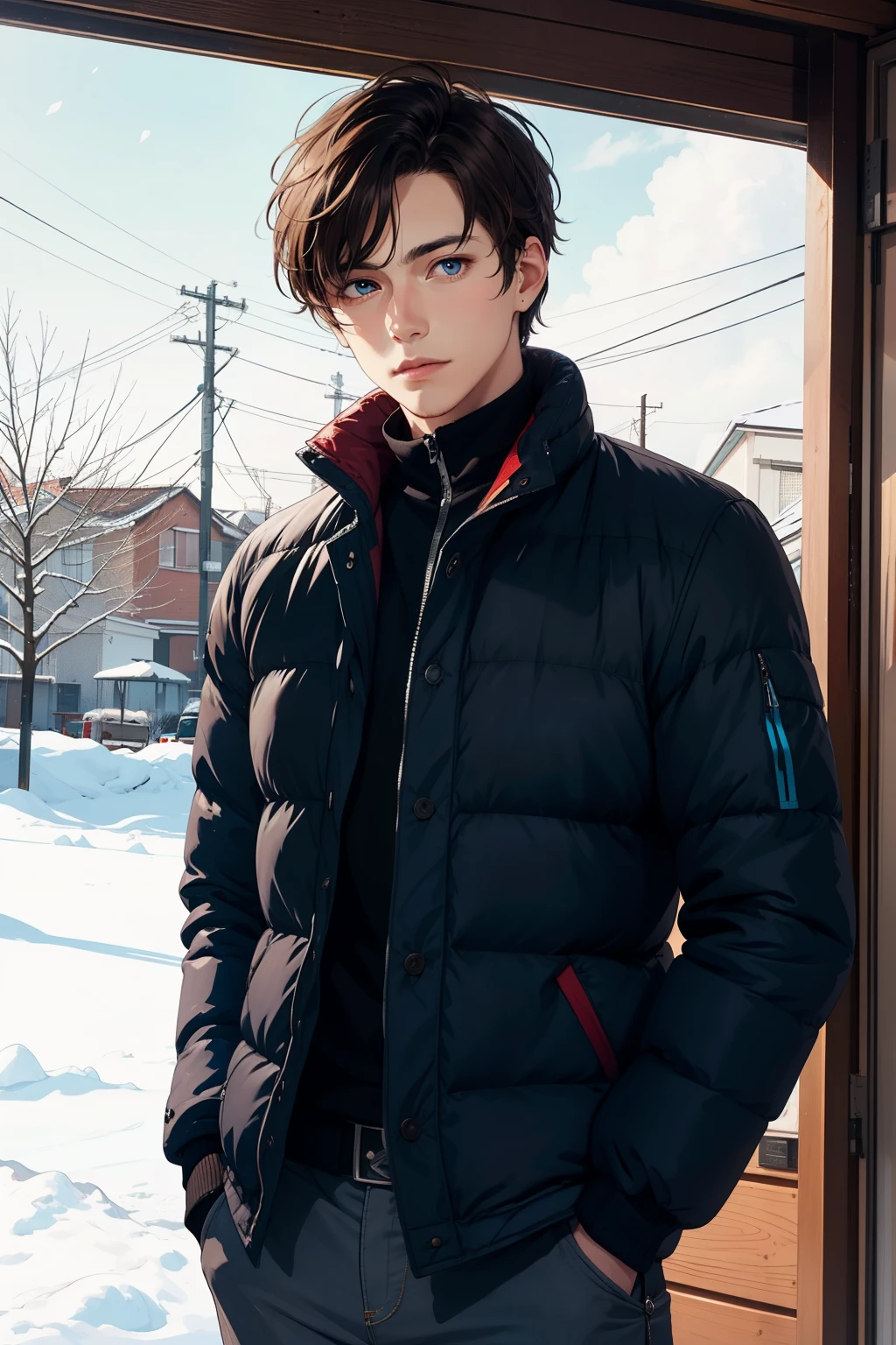 Arafed man in a black jacket standing in the snow - SeaArt AI