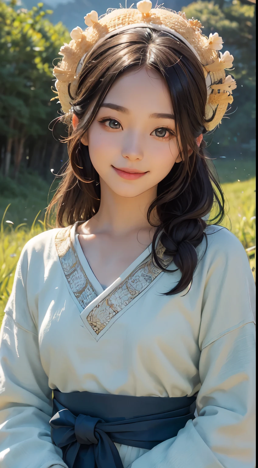 beautiful girl in a primitive costume made of hemp, front face, photo, an extremely delicate and beautiful, extremely detailed, Amazing, extremely detailed skin, (18 years old:1.2), cute girl, famous Japanese idol, kawaii, fair skin, shiny skin, chin thin, (smile:1.2), cute, young, extremely detailed nose, extremely detailed mouth, cute face, (realistic face:1.4), beautiful views, japan, nature, grass field, mountain, outdoors, blue sky