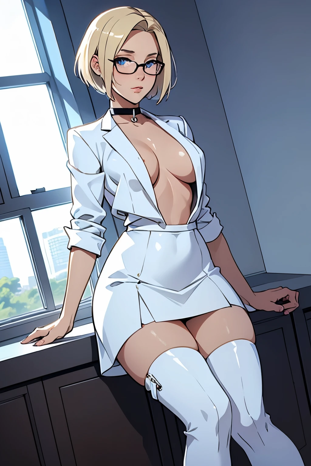 female, short straight blonde hair, blue eyes, white suit jacket, white skirt, long white high heel boots, black choker, no t shirt, medium boobs, glasses, perfect face, blushing, in front of a window