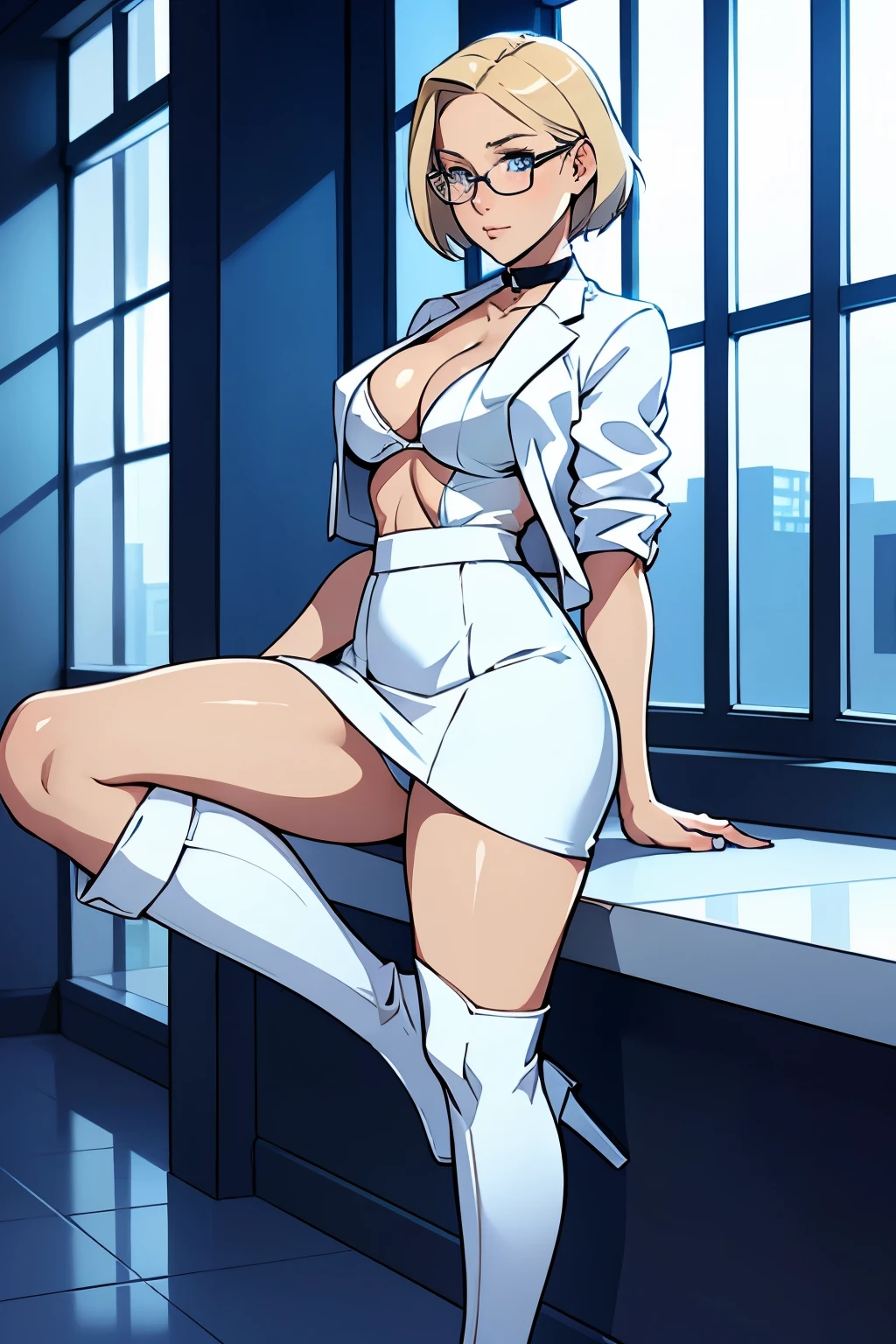 female, short straight blonde hair, blue eyes, white suit jacket, white skirt, long white high heel boots, black choker, no t shirt, medium boobs, glasses, perfect face, blushing, in front of a window