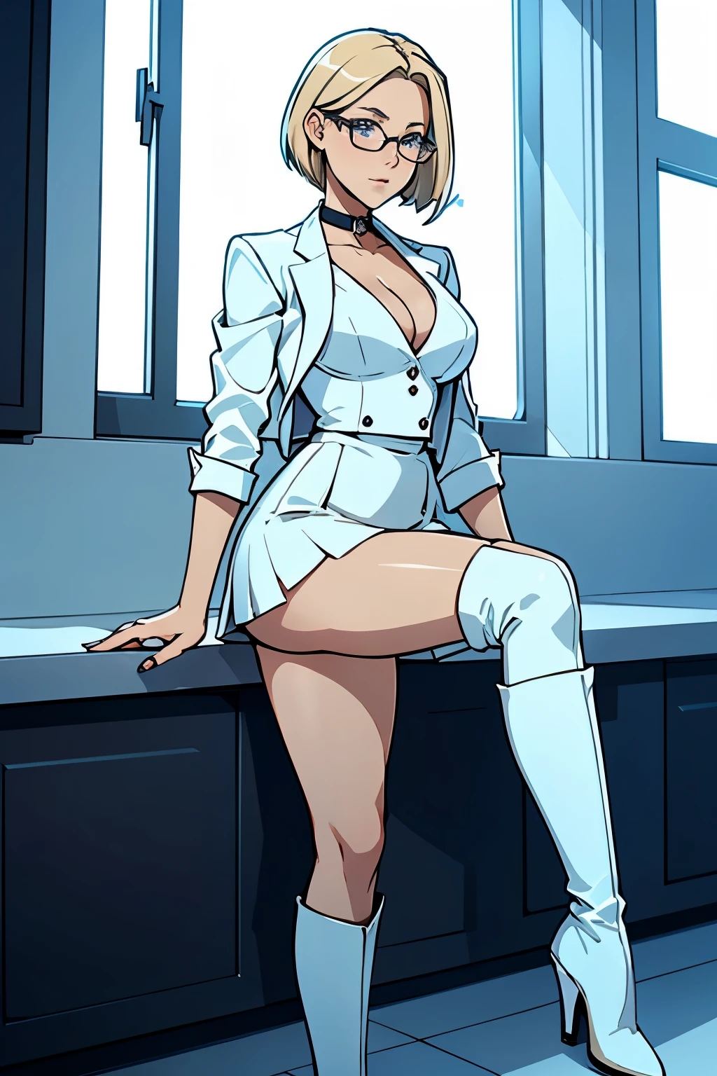 female, short straight blonde hair, blue eyes, white suit jacket, white skirt, long white high heel boots, black choker, no t shirt, medium boobs, glasses, perfect face, blushing, in front of a window