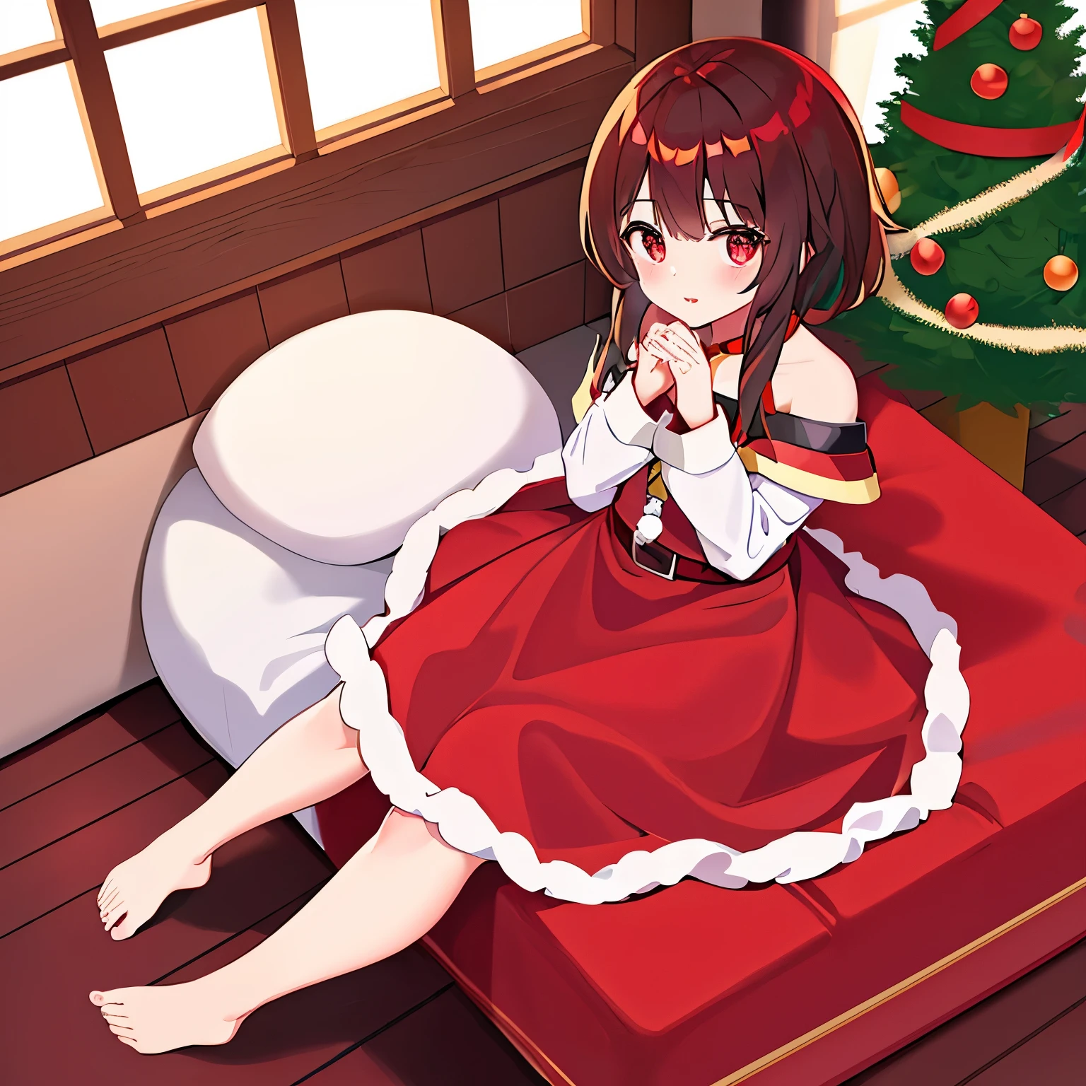 1 girl (Megumin), red eyes, cabelos curto, cabelo castanho, Santa Claus Christmas outfit, em casa, perto da lalaleira, hands crossed, com vergonha, presentes de natal, white christmas tree, beautiful hands and feet.