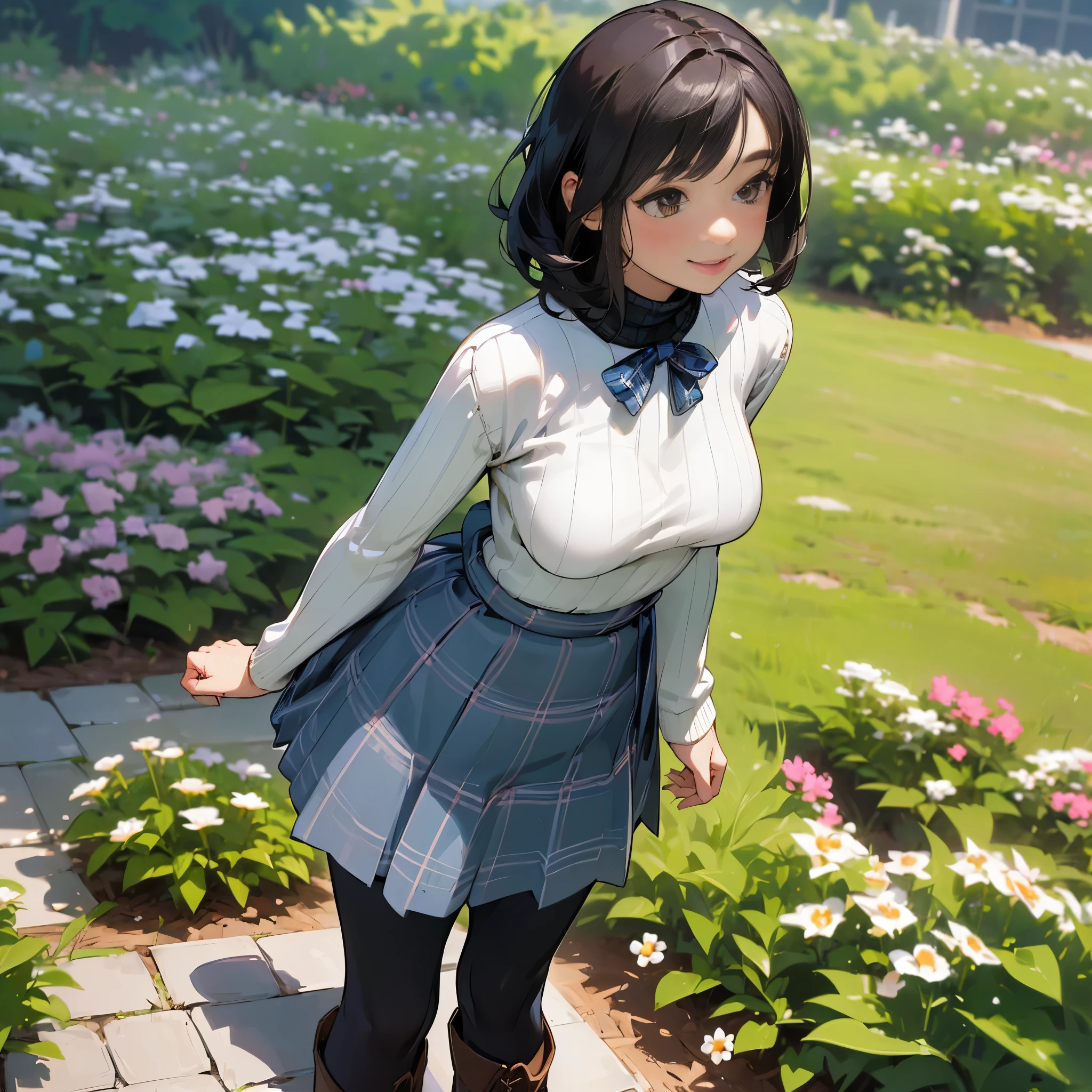 (High quality, High resolution, Ultra-detailed, Realistic:1.37), peaceful ambiance, (plein air, garden), Teenage girl standing alone, (My breasts are big.), Beautiful detailed features, Cute smile, (Black bob hair), Ribbed sweater, blue plaid skirt, Black tights, Brown boots.