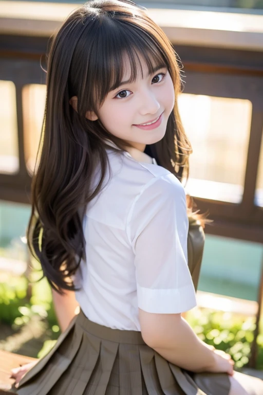 (((masterpiece))), (One beautiful Japan girl, classmates, Innocence,kawaii) ,超A high resolution, Realistic, ultra-detailliert, 8K,top-quality, Extremely detailed, Detailed background,A slender,very beautiful japanese girl, Detailed face:1.3), (Twin-tailed,A dark-haired :1.4), (a ,kawaii系,adorable 14 year oPerfect body:1.1), (Brown blazer, Light brown pleated mini skirt), Provocative smile,Please show me your beautiful teeth,Super Detailed Face、Detailed lips、A detailed eye、small gravure idol,Transparent skin、Lori,Japanese high school uniform with the school emblem on the chest、sexy pose,Focus on the buttocks,Looking Back、In the classroom,A glimpse of white lace pants is visible.,Algul from below