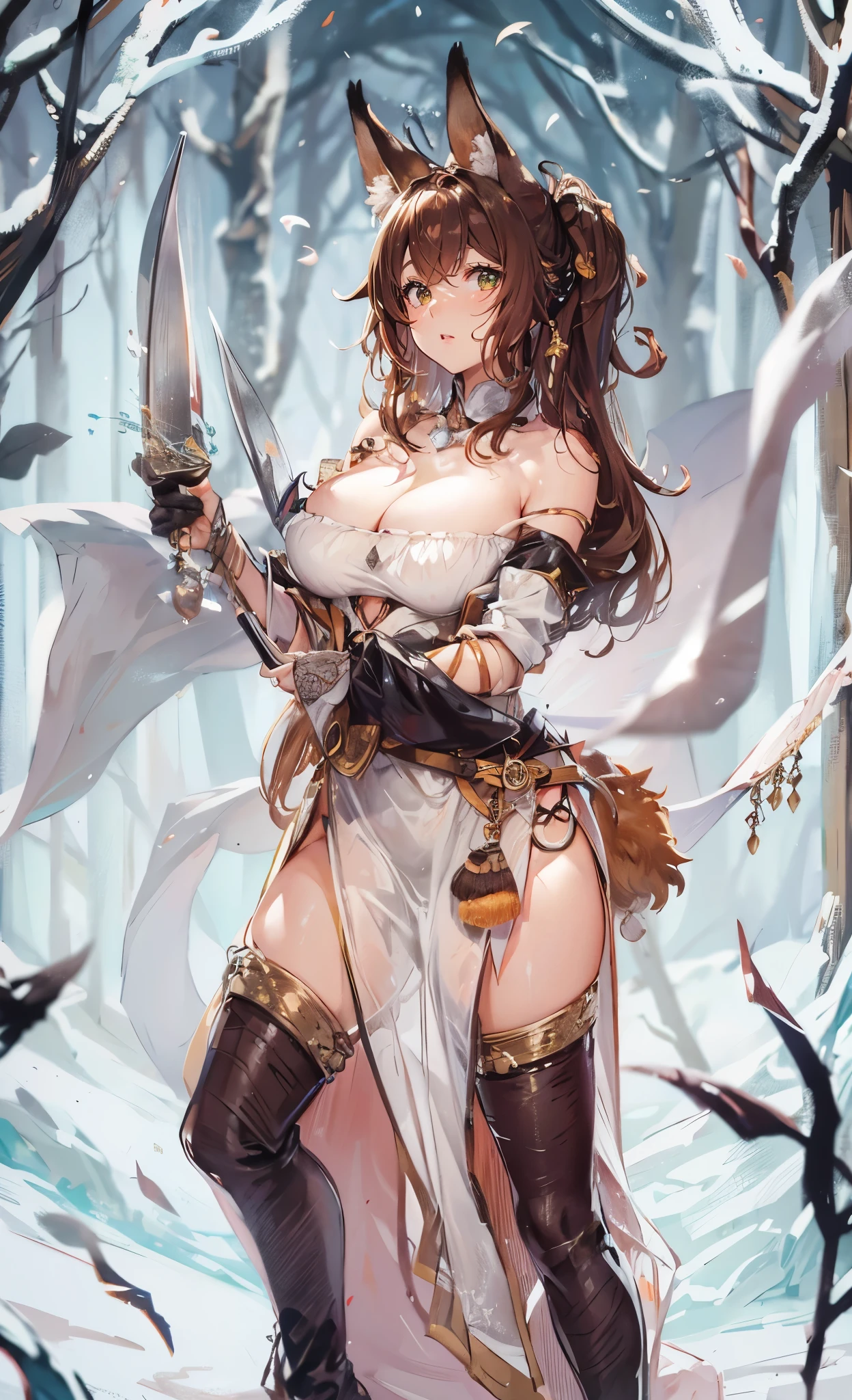 closeup cleavage, 梦想的at a forest世界, fox ear, Orange ponytail curly hair, Fox-eared beast girl, collars, at a forest, humanoid creature, Original animal leather jacket, Her skin is wheat-colored, Wheat-colored complexion, green-eyed, Black sclera, disheveled brown hair, With a short knife, camel top,blackstockings, Barefoot