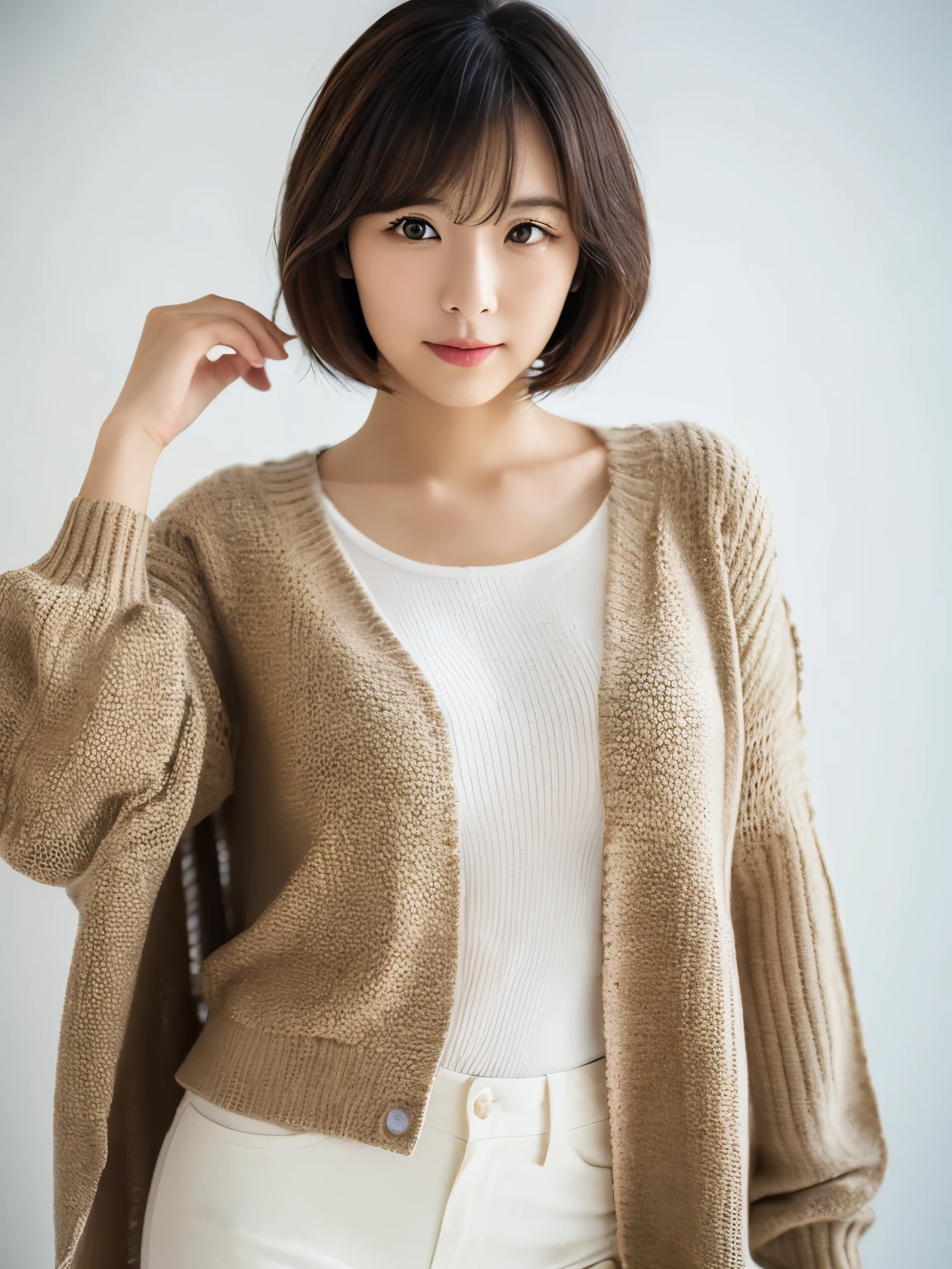 ((masutepiece,top-quality)), (photographrealistic:1.4),((masutepiece,8K)),hight resolution,Studio Soft Light, Rim Lights, vibrant detail, realistic skin textures,Japanese, 1 beautiful woman, Short hair, Wave hair, faint thin bangs, make - up, 38 years, Detailed skin, cardigan, wide-leg pants, White background, White Room,white walls, fully body photo, Looking at Viewer