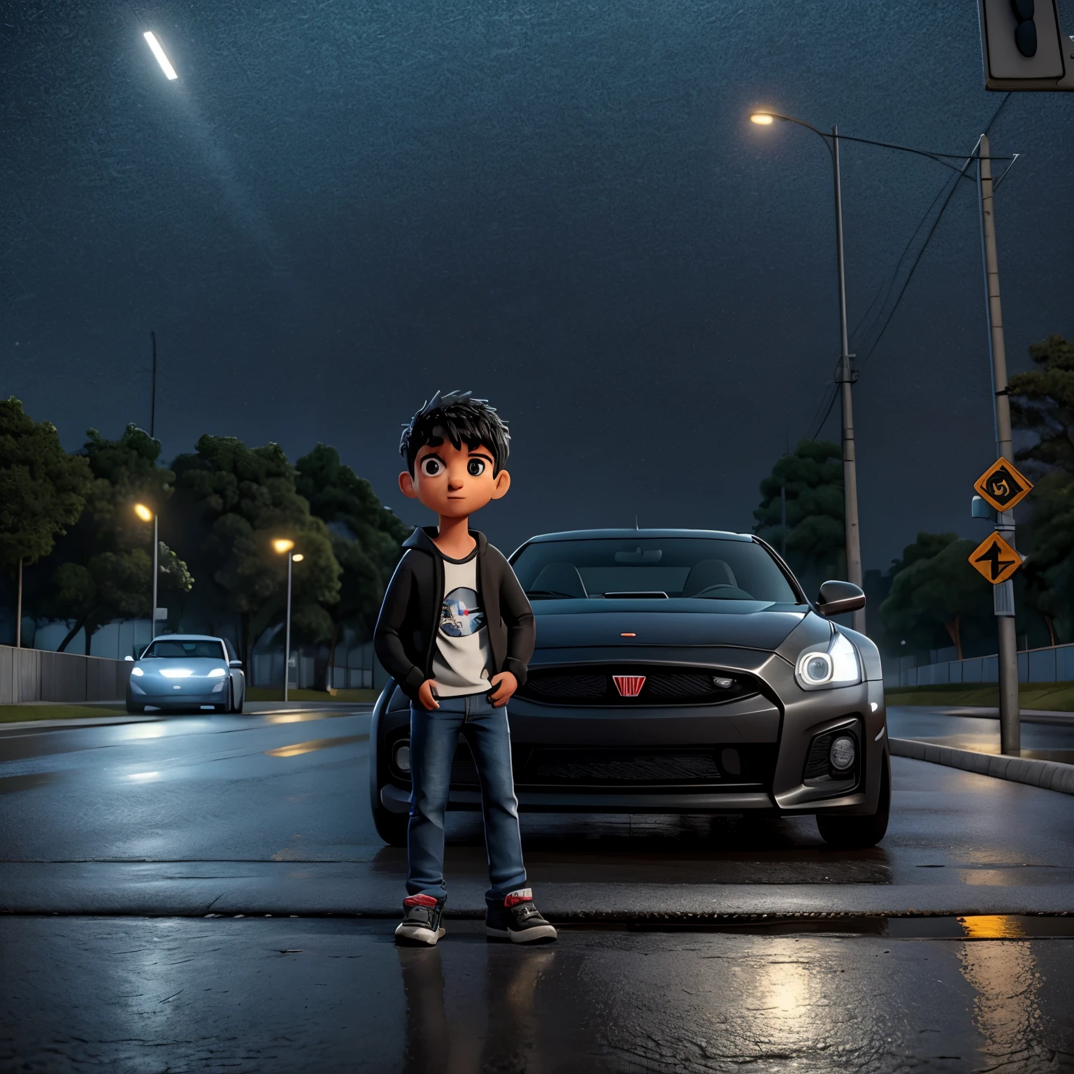 Descreva a cena de um jovem com capuz, wearing a black sweatshirt and jeans, standing on the sidewalk on a rainy night. He is looking at a shiny GTR R35 car passing on the road., Your admiration visible in your eyes. The light from the headlights reflects on the puddles of water around you, enquanto a chuva cai suavemente sobre ele. O som do motor potente ecoa no ar, misturando-se ao som da chuva. The boy remains motionless, captured by the elegance and speed of the car, dreaming of the day when you can be behind the wheel of such an impressive machine.