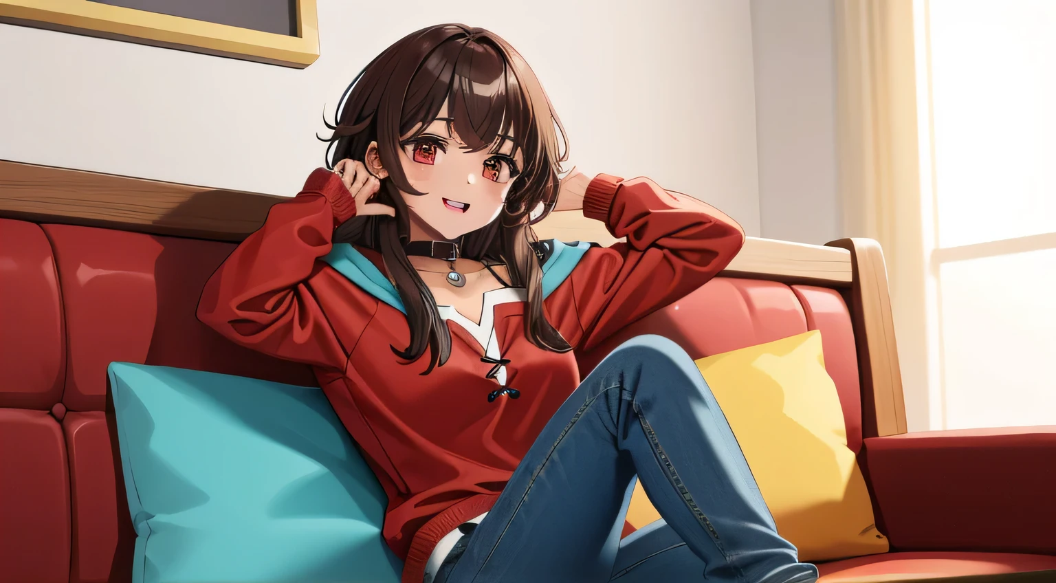 (Obra maestra, La mejor calidad), Detalles intrincados, 1girl, Megumin, pelo corto, sudadera roja, Ropa casual, sentada en un sofa, sofa, staring at the camera, cara feliz, joyas en el cuello, collar de diamantes, pulseras en la mano derecha, jeans rotos, plano general, gente de fondo