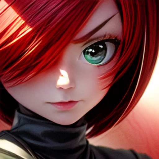 ((masterpiece)), (best quality), (character face concept), Close-up of a girl's face, (fair skin, perfect skin, big eyes, emerald green eyes, arched eyebrows, red hair , (light red hair), medium hair, (Focus on face), perfect skin, perfect face, vengeful expression.).  She is known as Vendettendetta is her name), genetically created to be a secret agent, decided to rebel, and lives to hunt her creators.