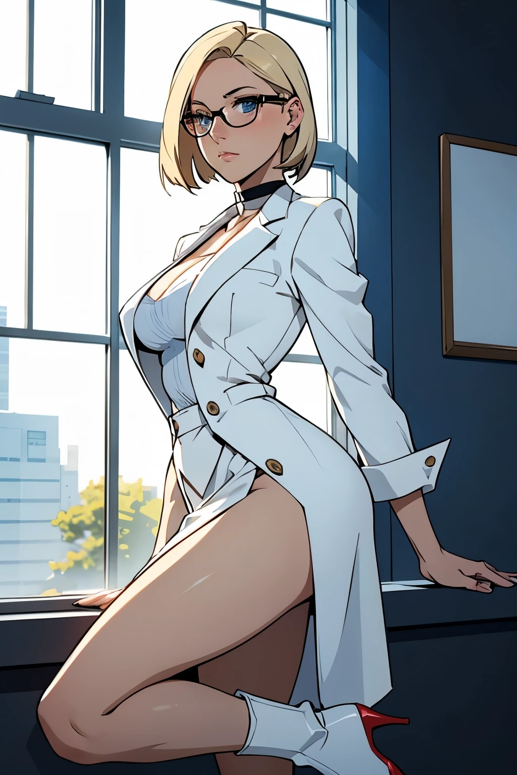 female, short straight blonde hair, blue eyes, white suit jacket, white skirt, long white high heel boots, black choker, no t shirt, medium boobs, glasses, perfect face, blushing, in front of a window