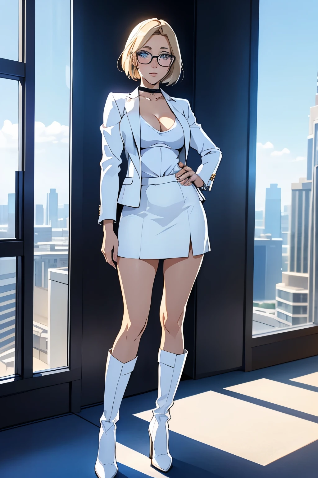 female, short straight blonde hair, blue eyes, white suit jacket, white skirt, long white high heel boots, black choker, no t shirt, medium boobs, glasses, perfect face, blushing, in front of a window