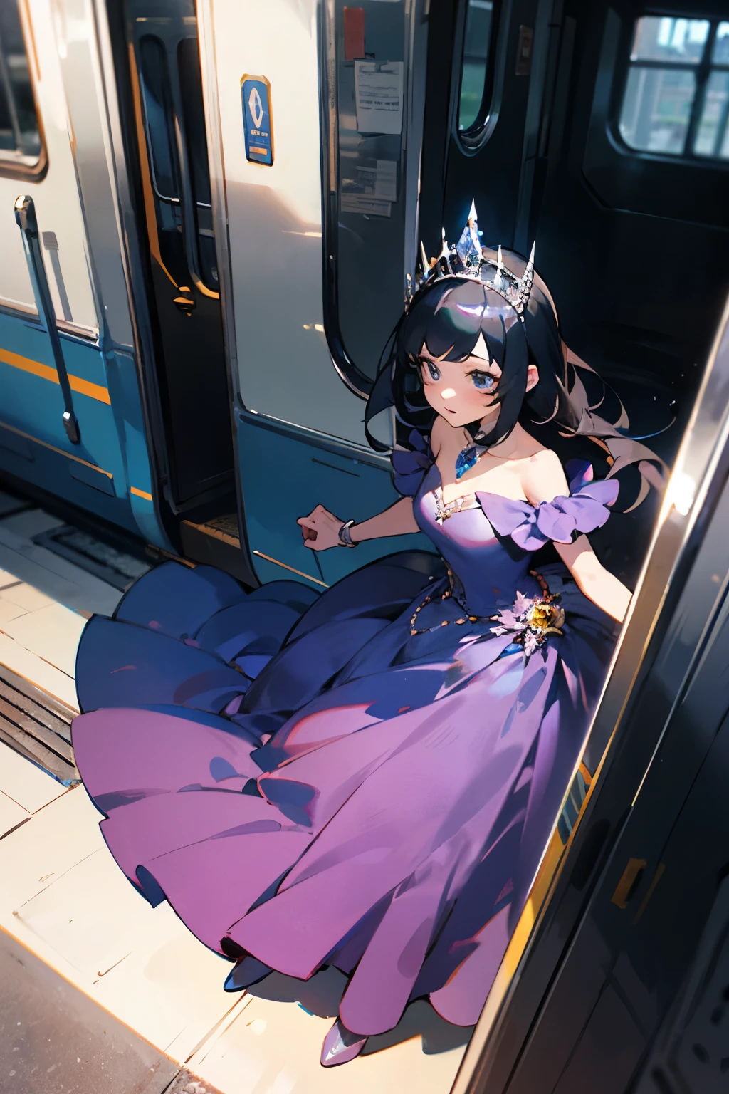Princess with a tiara and a sapphire/amethyst dress that goes down all the way to the floor and a train colored black, black hair