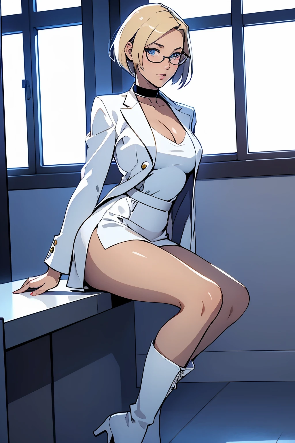 female, short straight blonde hair, blue eyes, white suit jacket, white skirt, long white high heel boots, black choker, no t shirt, medium boobs, glasses, perfect face, blushing, in front of a window