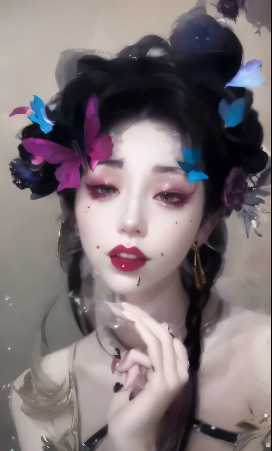 Close-up of woman with a flower and butterfly in her hair, Guweiz style artwork, inspired by Yanjun Cheng, Surreal anime, guweiz, a stunning anime face portrait, inspired by Ai Xuan, Realistic digital art 4k, Realistic digital art 4k, Anime reality, Anime reality style, kawaii realistic portrait