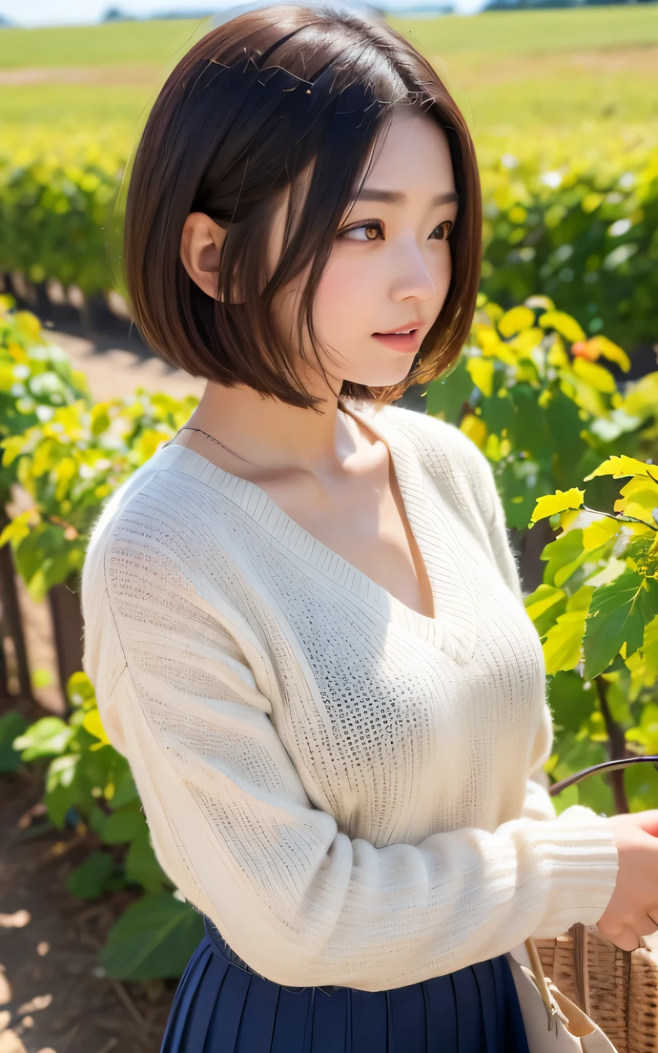 ((Best Quality, 8K, masutepiece: 1.3)), (Sharp Focus: 1.2), Charming vineyards with rows of vines that stretch far into the distance, 1 girl, Full body, stunning elegant pose,Neat and clean beauty, 20 years old, Japanese, Looking away, Classy and elegant, A pretty girl with perfect figure, Shyそうに微笑む, Cute, Shy, ((Short bob hair, )), big breast lice: 1.1), Skirt, V-Neck Knitwear、Highly detailed facial and skin texture, Detailed eyes, Background bokeh,