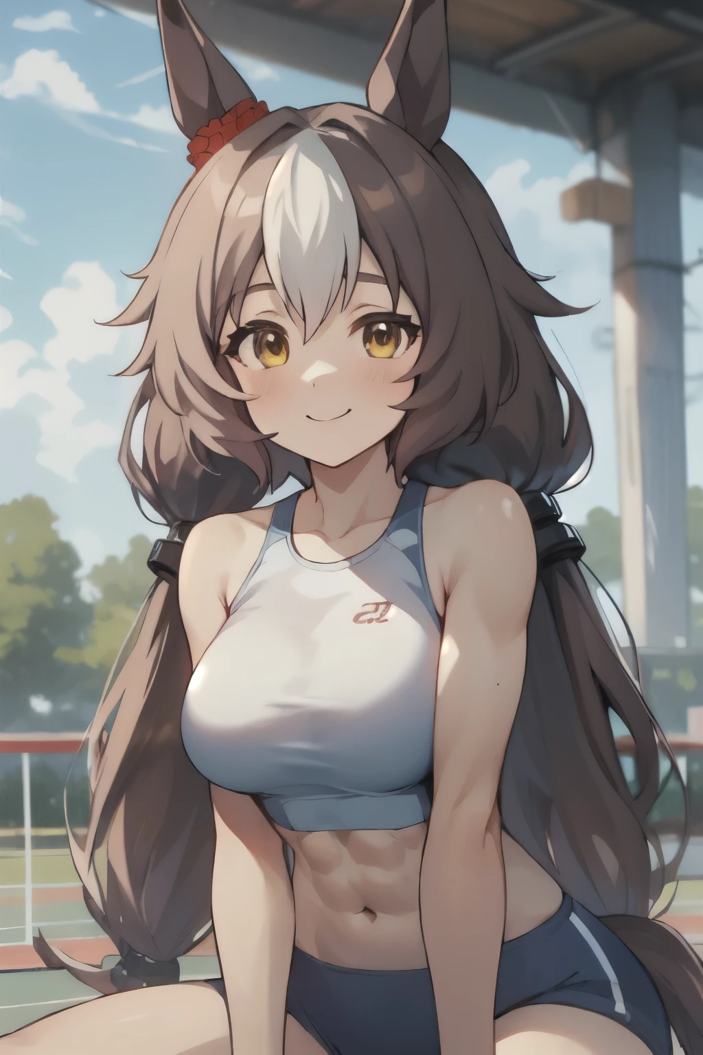 yamanin zephyr\(umamusume\), ((ultra-detailed face)), symmetrical face, (masterpiece), best quality, slender, muscular, rikujou, horse tail, light smile, athletics track, abs, large tits, sports bra, hand between legs