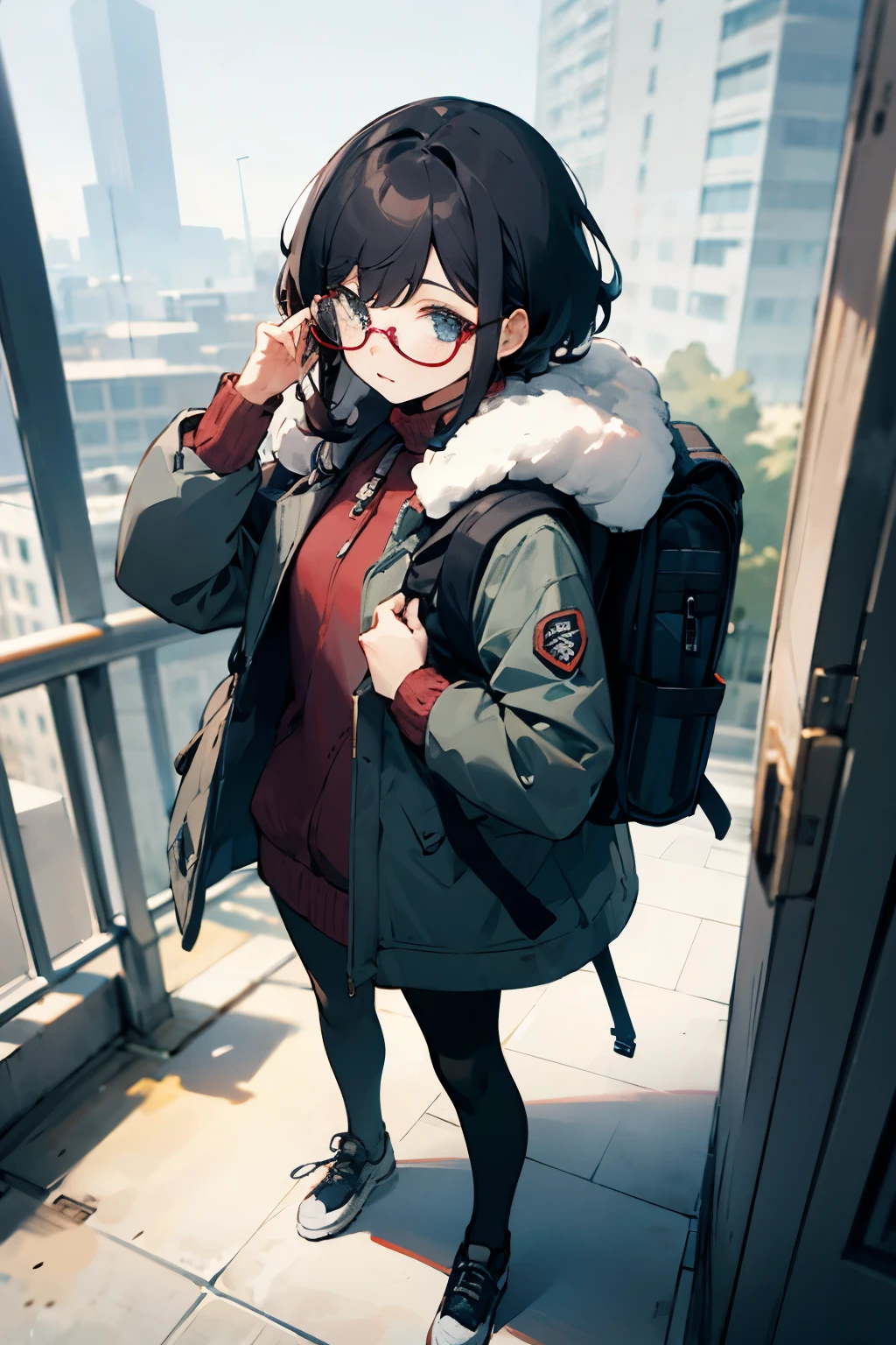 Parka, glasses, shortcut, tights, fluffy backpack