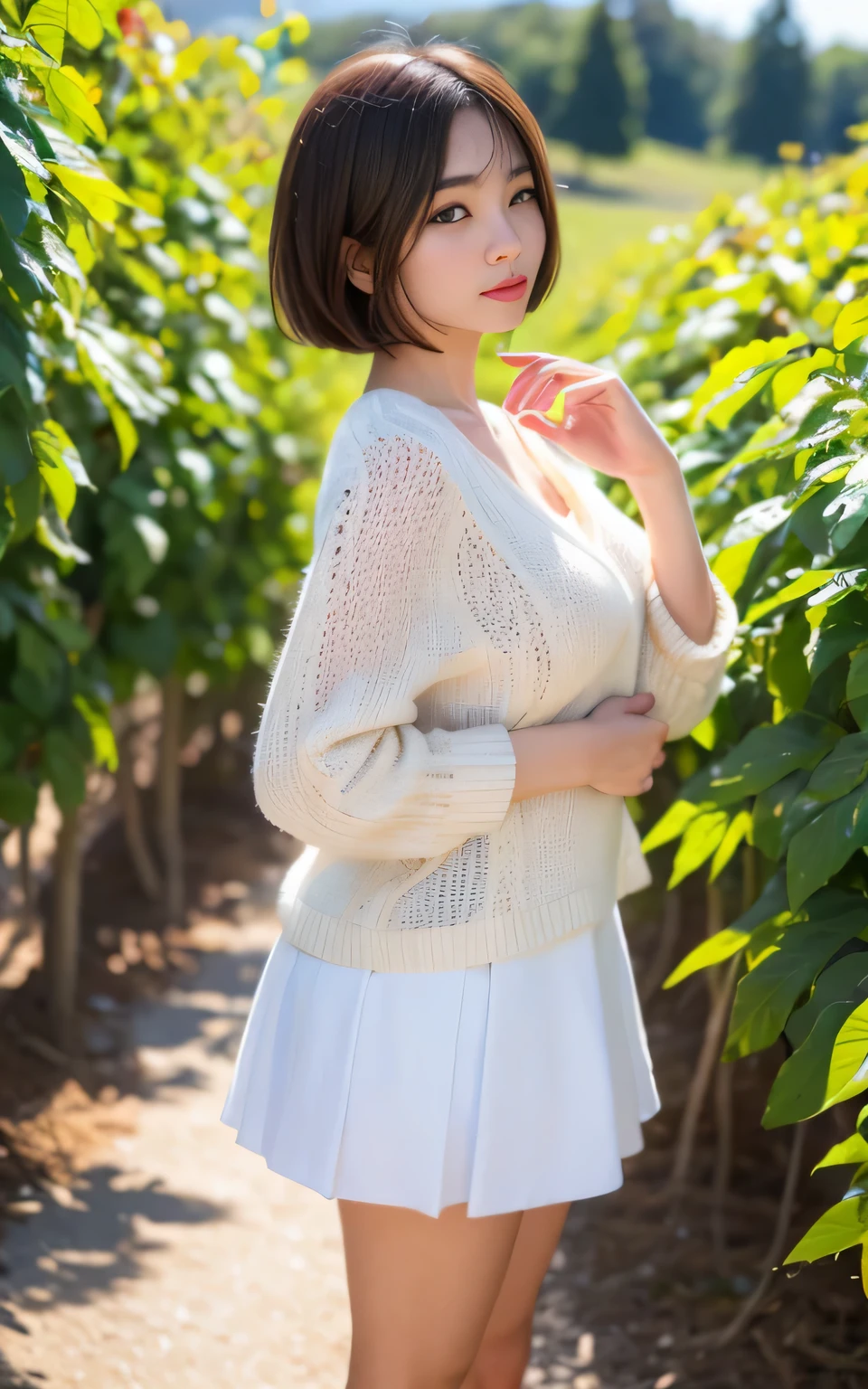 ((Best Quality, 8K, masutepiece: 1.3)), (Sharp Focus: 1.2), Charming vineyards with rows of vines that stretch far into the distance, 1 girl, Full body, stunning elegant pose，Neat and clean beauty, 20 years old, Japanese, Looking away, Classy and elegant, A pretty girl with perfect figure, Shyそうに微笑む, Cute, Shy, ((Short bob hair, )), big breast lice: 1.1), Skirt, V-Neck Knitwear、Highly detailed facial and skin texture, Detailed eyes, Background bokeh，