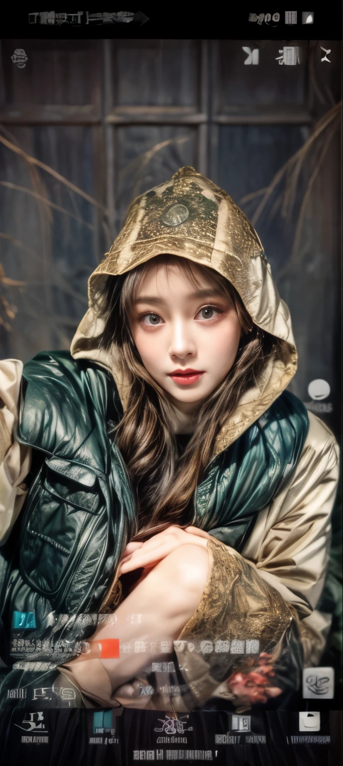 masterpiece、8K、32K、top-quality、(A detailed eye)、(A cute Japanese woman、bangss)、23years old、elegent、Christmas、Wearing a hood、Down jacket、Cheerful、