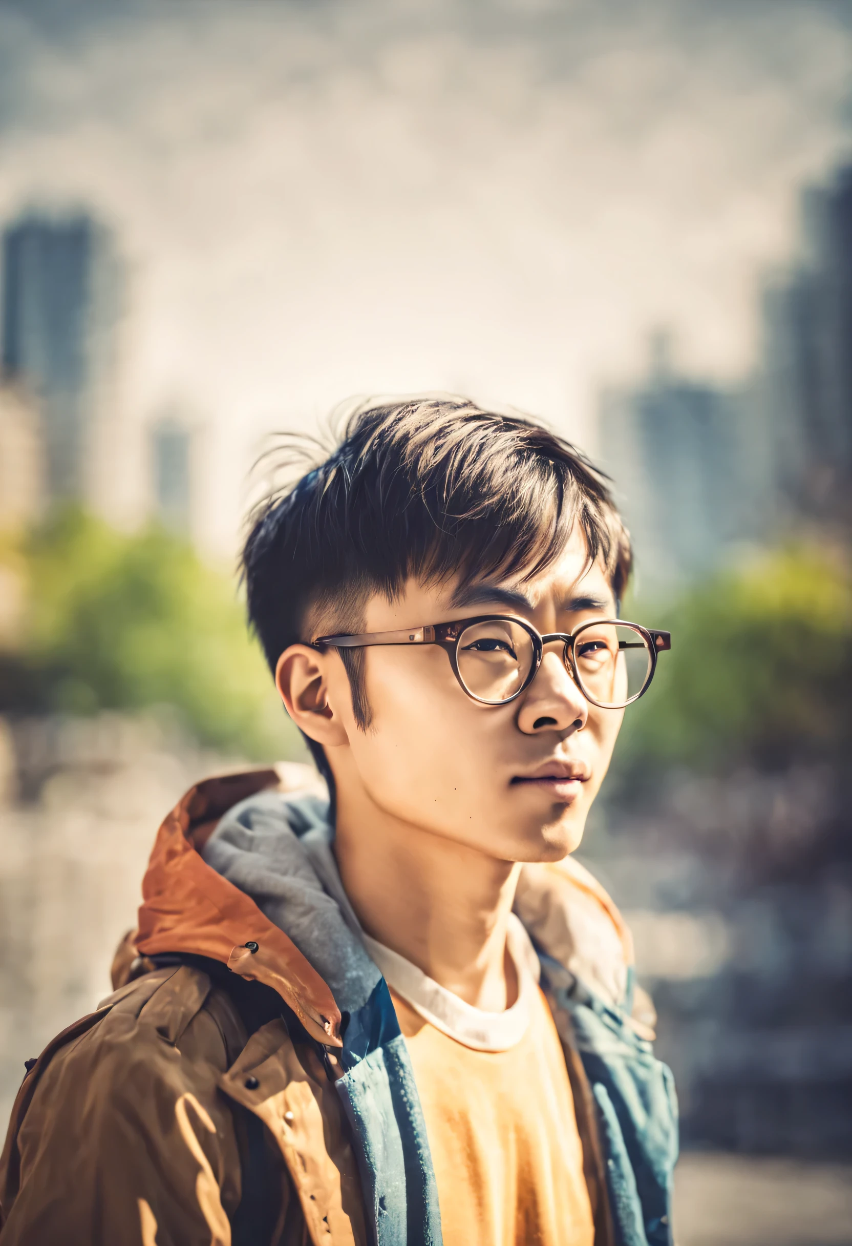 Young Chinese man, wears glasses, Correct sun exposure, Look into the distance with confidence, Extreme closeup, vignetting photography, Ink painting and watercolor, many color, bluntbangs, lens flare glow, bokeh, 4K, Best quality at best