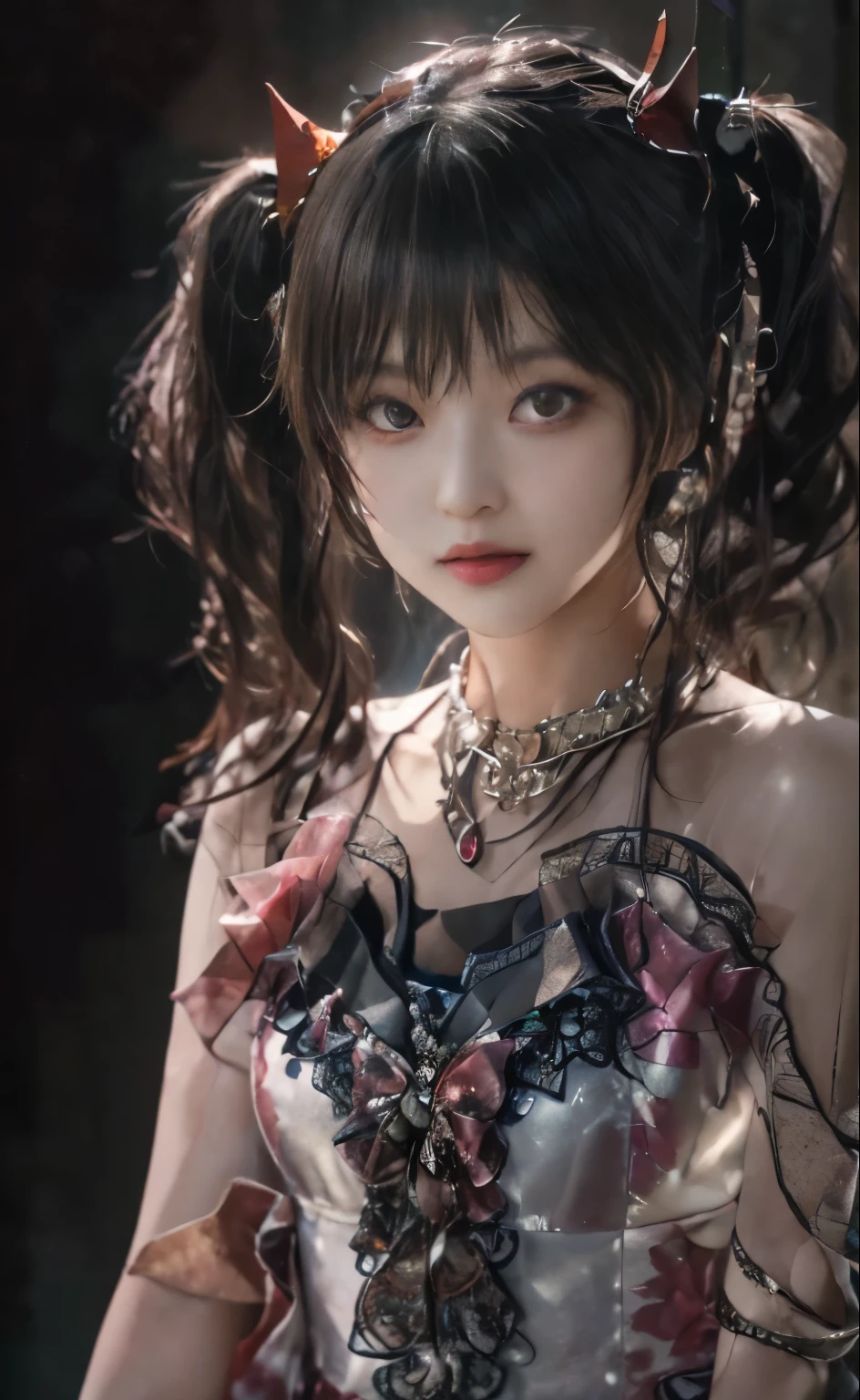 Yuimetal, 1girl, masterpiece, babymetal, Best Quality, masutepiece, High resolution, 1girl in, Porcelain dress, Hair Accessories, Necklace, Jewelry, Beautiful face, On the body, Tindall Effect, Realistic, Dark Studio, Edge lighting, Two-tone lighting, (High Detail Skin: 1.2), 8K UHD, Digital SLR, Soft light, High quality, Volumetric Lights, Candid, Photo, High resolution, 4K, 8K, Background blur,