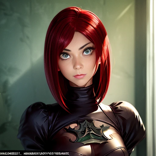 ((masterpiece)), (best quality), (character concept), Close-up of a girl, (fair skin, perfect skin, big eyes, emerald green eyes, arched eyebrows, red hair , (light red hair), medium hair, (Focus on face), perfect skin, perfect face, vengeful expression.).  She is known as Vendettendetta is her name), genetically created to be a secret agent, decided to rebel, and lives to hunt her creators.