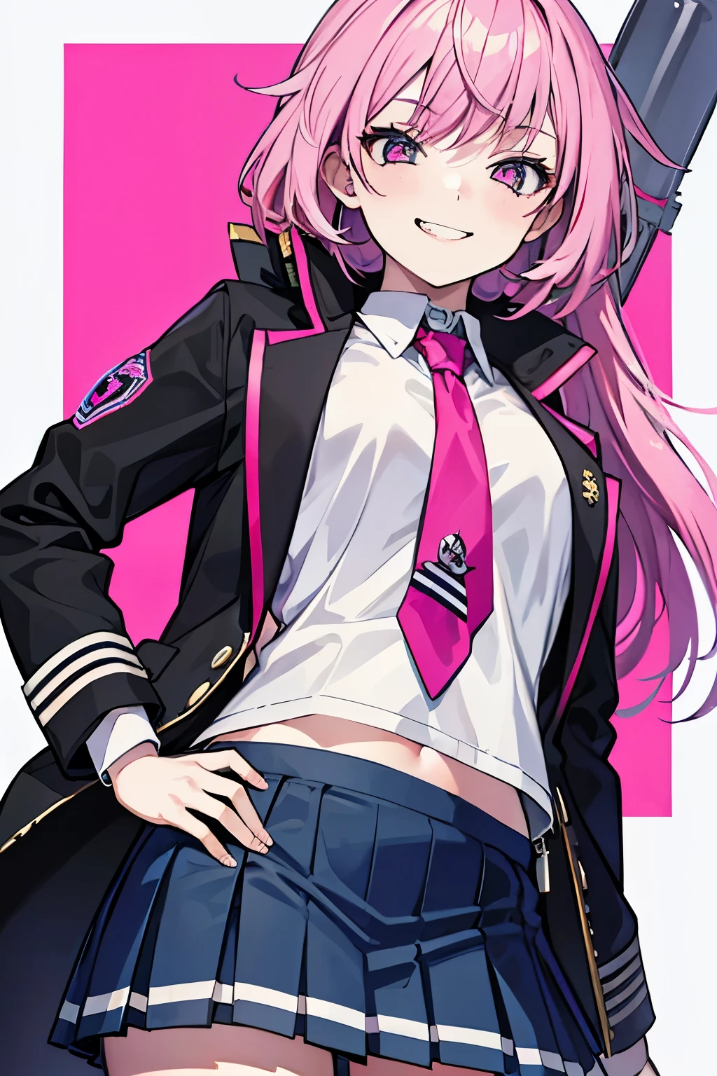 (1Girl, 18yo, pink hair, she is a evil, bully and crazy character, she are smiling, wearing colegial japonese clothes), (School background)