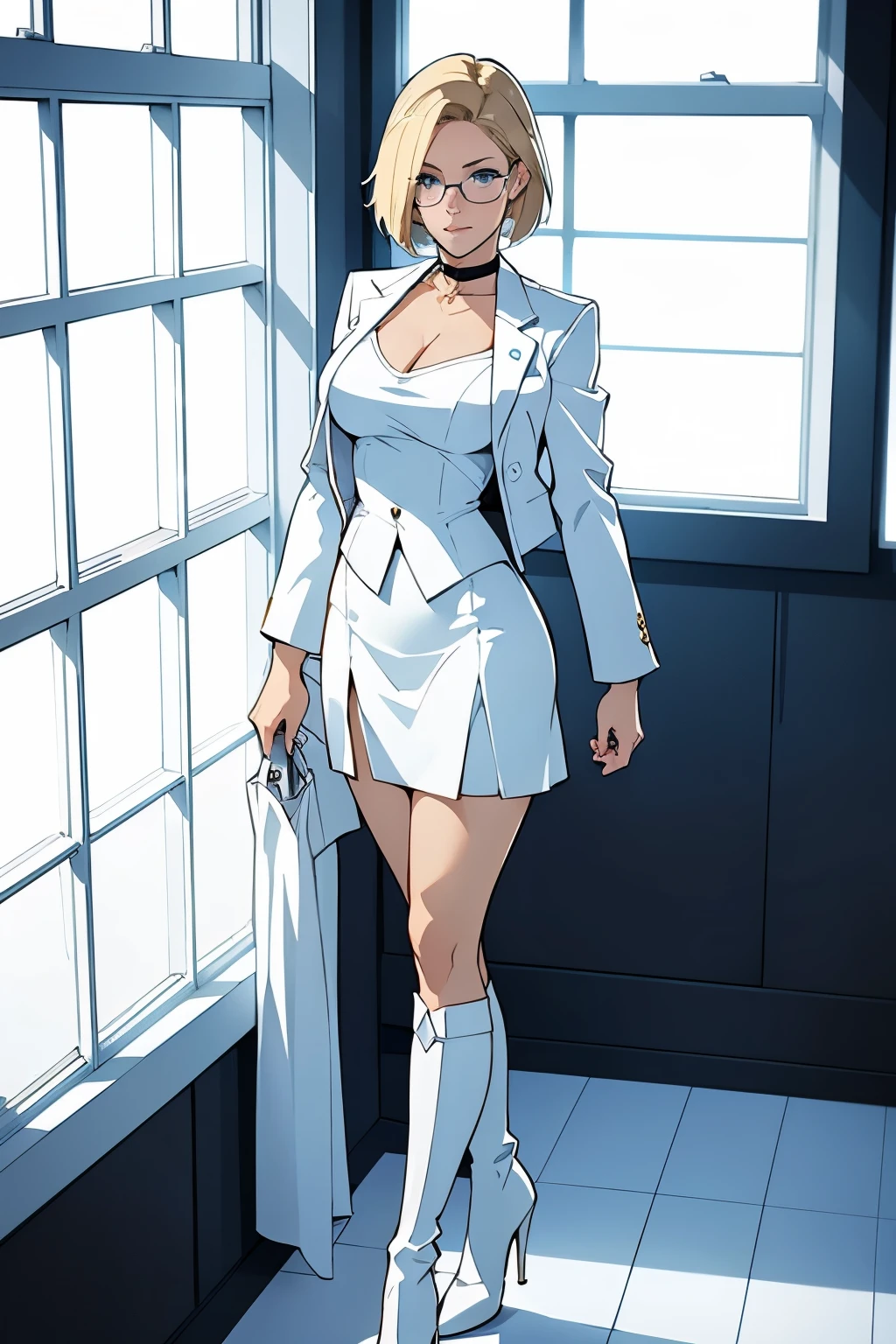 female, short straight blonde hair, blue eyes, white suit jacket, white skirt, long white high heel boots, black choker, no t shirt, medium boobs, glasses, perfect face, blushing, in front of a window