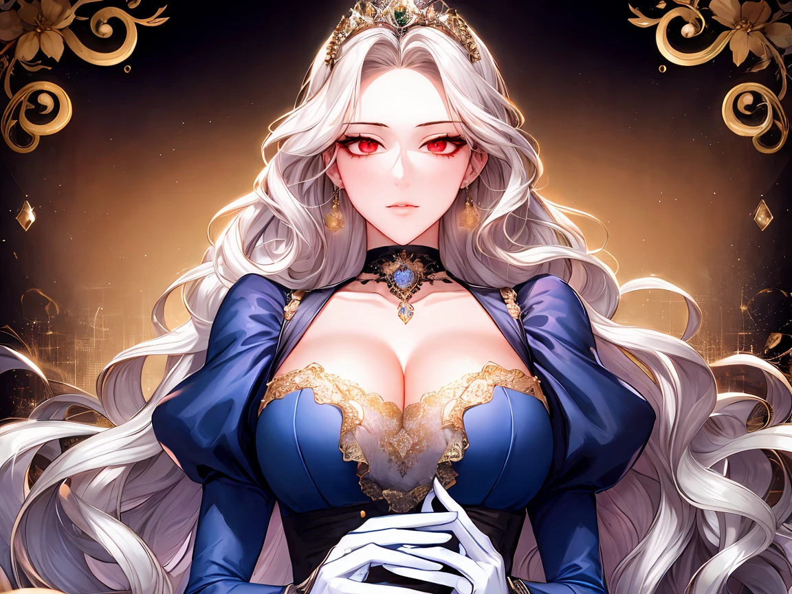shoujo-style, (floral background), romance manhwa, (2girls, aligned:1.2), sisters, looking down, silver hair, blonde hair, solo, long hair, flower, dress, tiara, white dress, gloves, long sleeves, choker, (green eyes:1.1), red eyes, mascara, makeup, white gloves, black bow, black flower, wavy hair, bow, jewelry, looking at viewer, white background, collarbone, cleavage, puffy sleeves, golden accessories, earrings, jewelry, upper body, parted bangs, very long hair, blue dress, frills, bangs, closed mouth, detailed eyes, (close up), gleaming skin, shiny glossy skin, from below