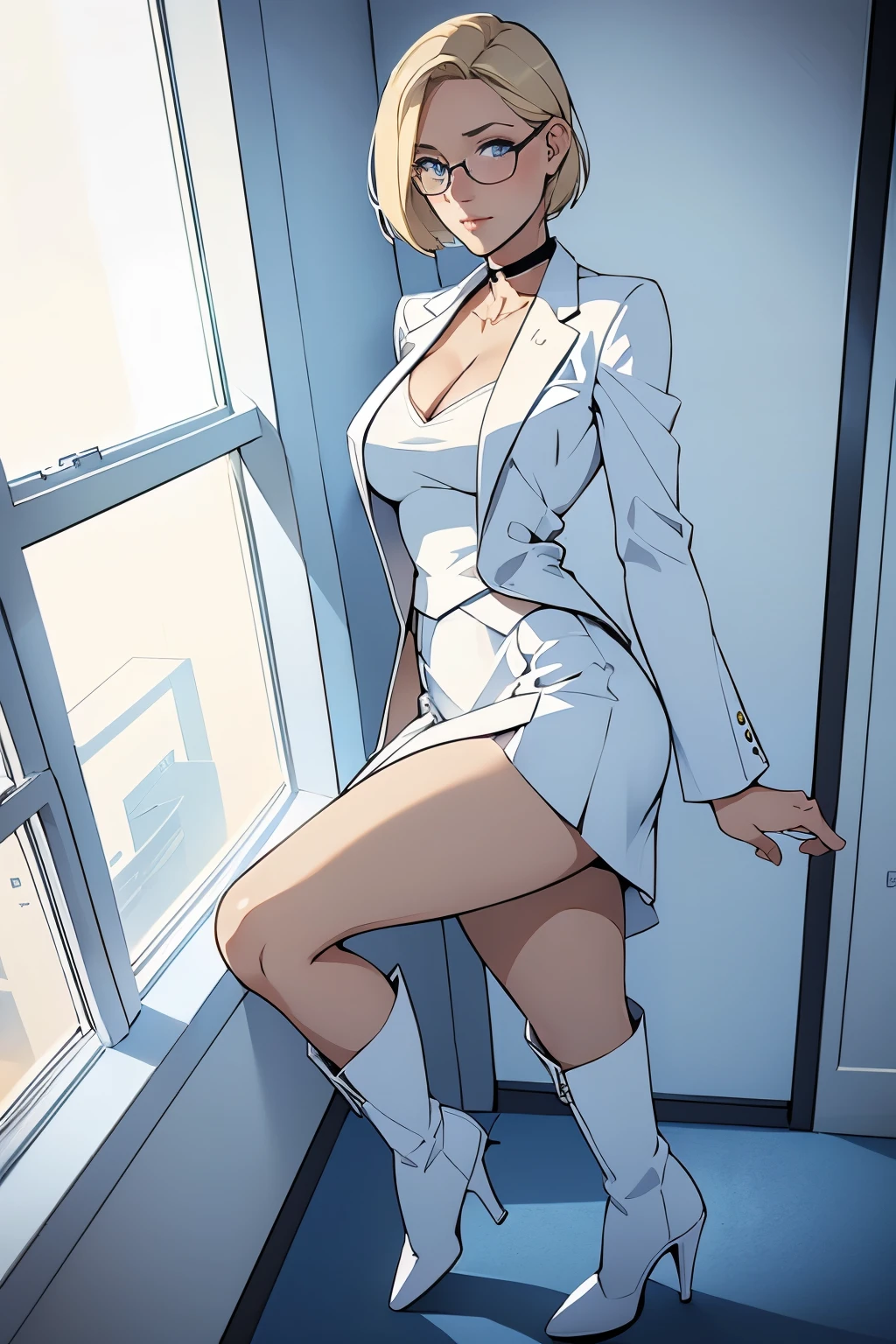 female, short straight blonde hair, blue eyes, white suit jacket, white skirt, long white high heel boots, black choker, no t shirt, medium boobs, glasses, blushing