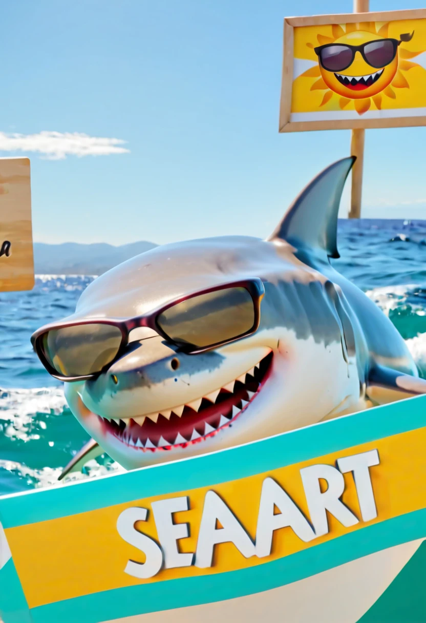 spectacular face of a white shark smiling, with sun glasses, holding a sign that says, " seaart ",