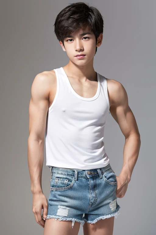 muscular young Japanese boy wearing a white tank top and denim shorts standing position.