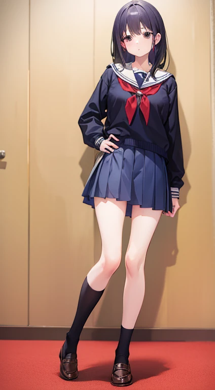 masutepiece、full-body view、sexypose、Provocative、 ​masterpiece, top-quality, hight resolution,  bluntbangs, kibito high school uniform, skirt by the, Sweaters, プリーツskirt by the, sockes, put hands on the hip,