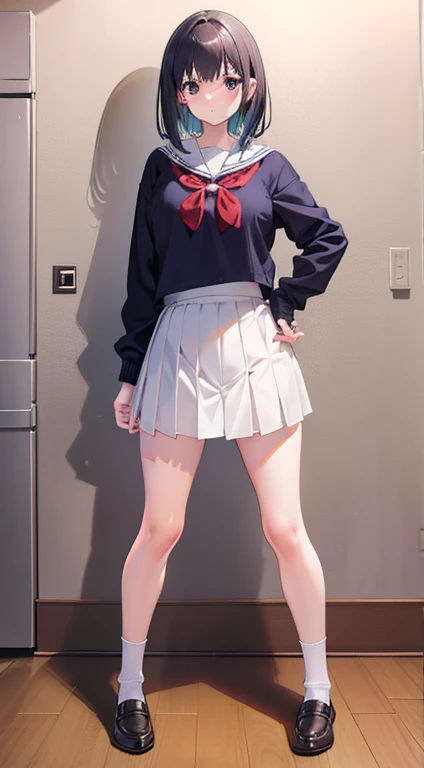 masutepiece、full-body view、sexypose、Provocative、 masterpiece, top-quality, hight resolution, bluntbangs, kibito high school uniform, skirt by the, Sweaters, プリーツskirt by the, sockes, put hands on the hip,